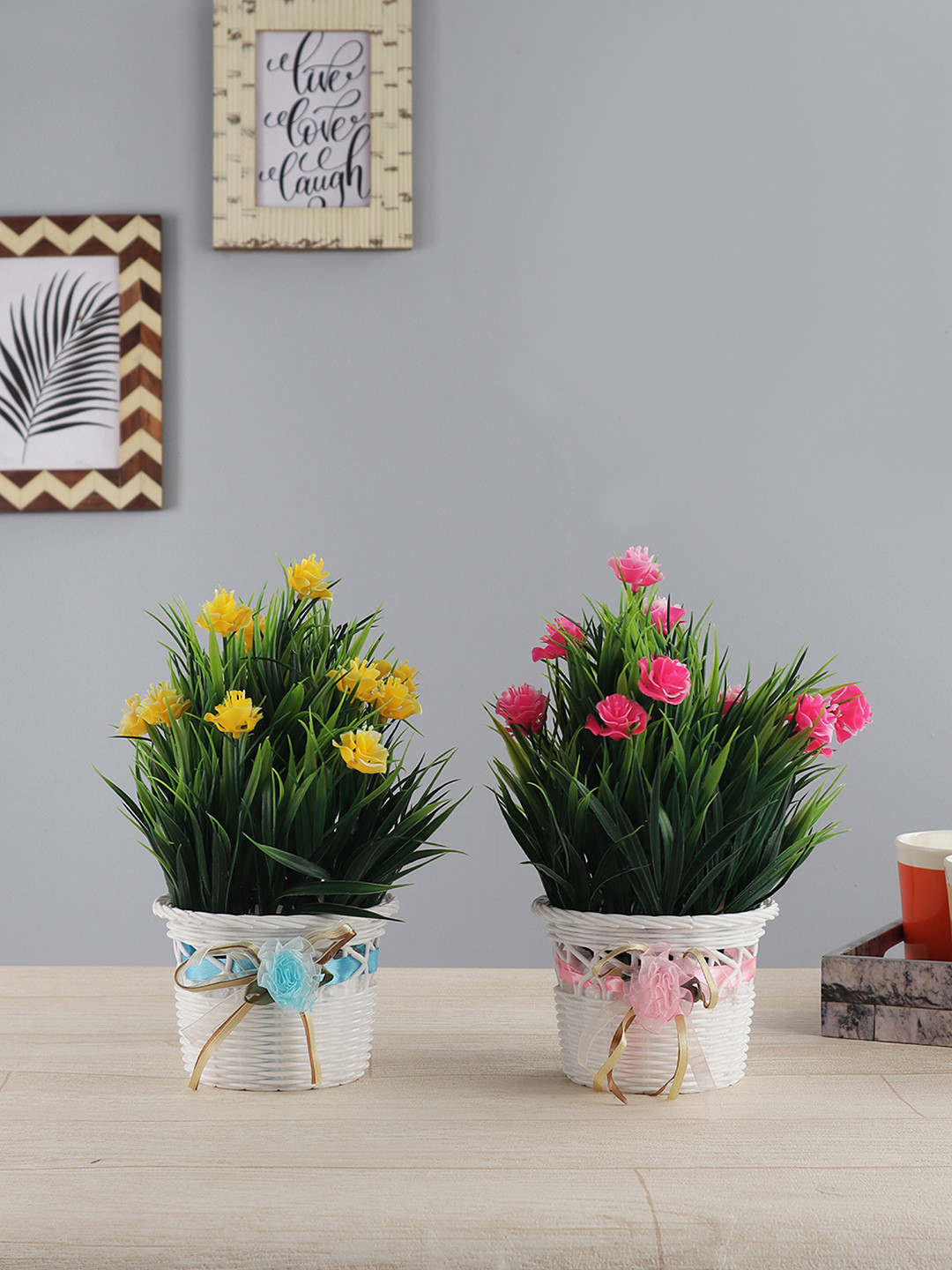

FOLIYAJ Set of 2 Yellow & Pink Artificial Rose Plants With Pot, Green