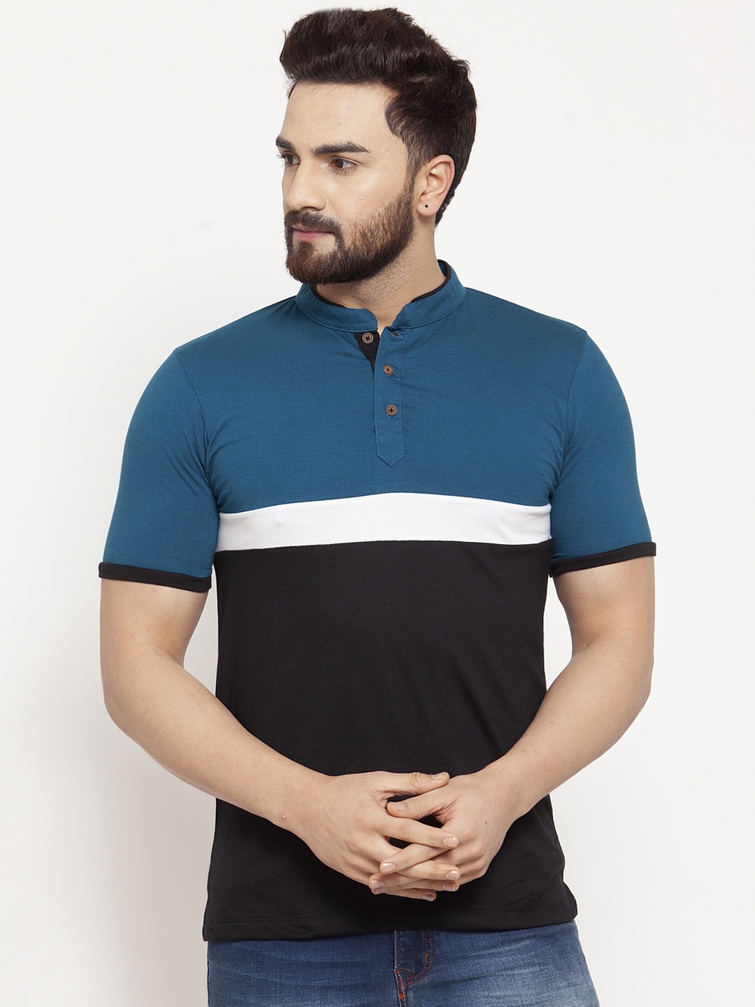 

Kalt Men Teal Blue & Black Colourblocked Mandarin Collar T-shirt