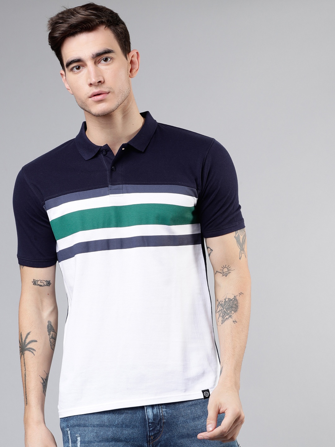 

LOCOMOTIVE Men Navy Blue And White Colourblocked Polo Collar T-shirt
