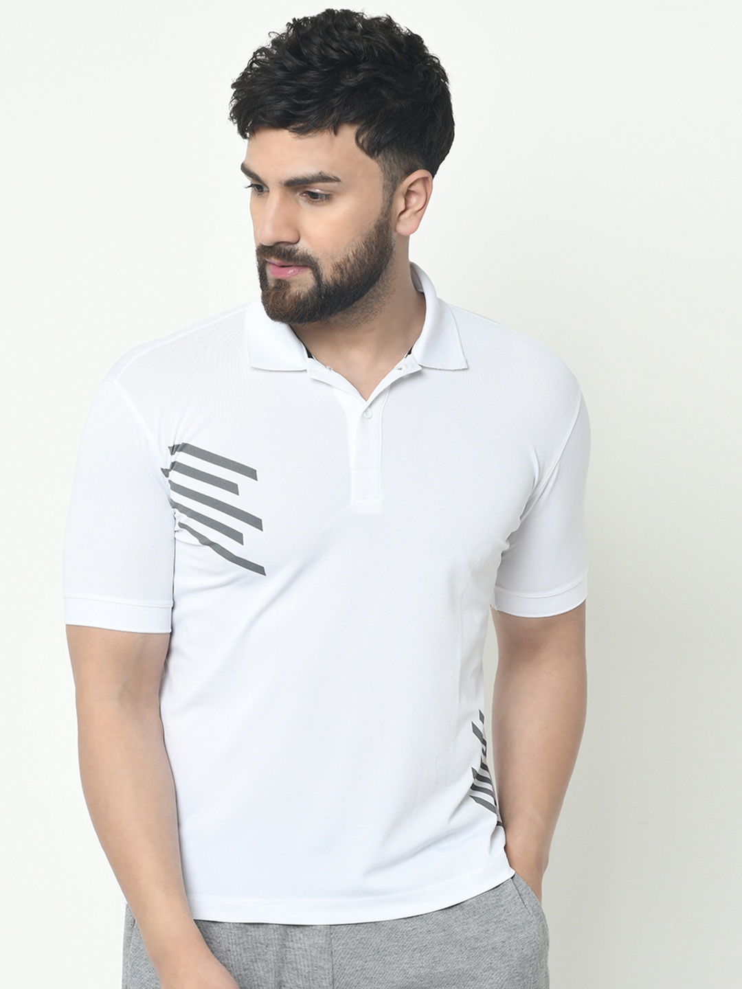 

ARMISTO Men White & Grey Striped Polo Collar Dri-FIT T-shirt