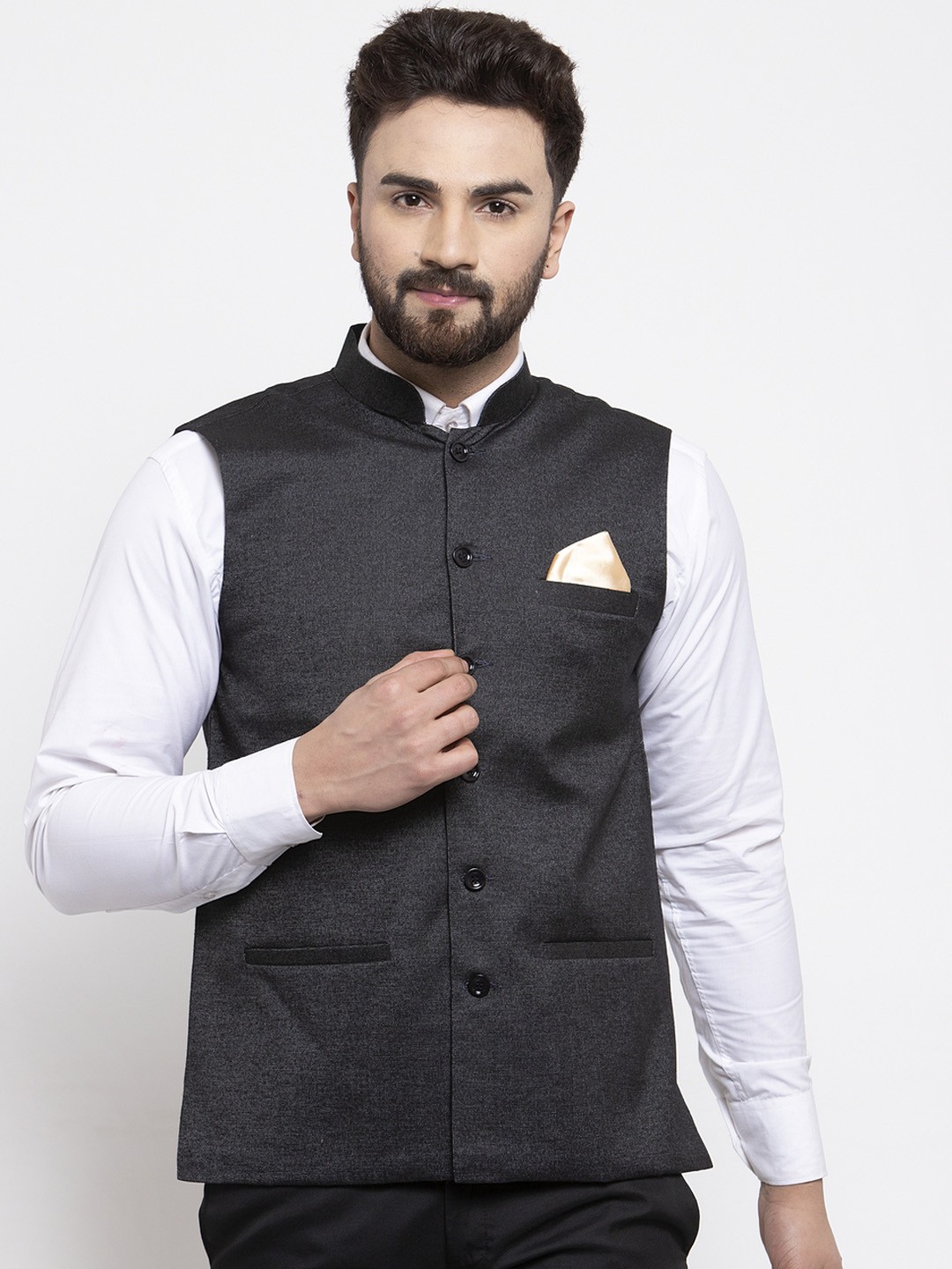 

KLOTTHE Men Black Solid Satin Pure Cotton Nehru Jacket