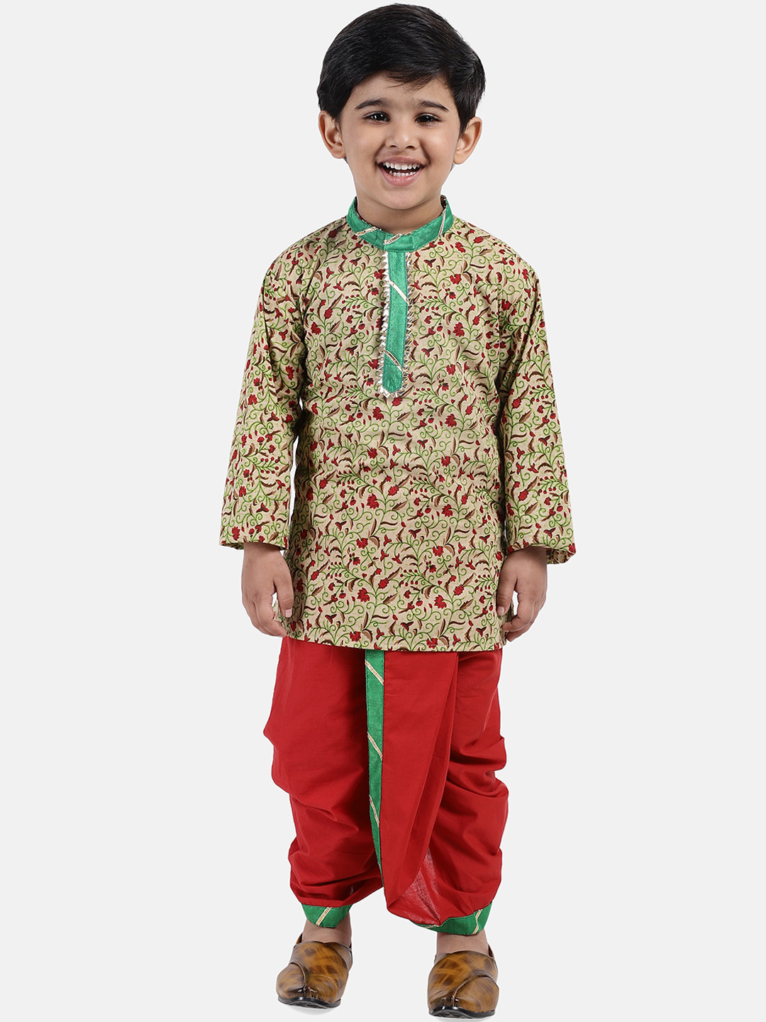 

BownBee Boys Beige & Green Printed Kurta with Dhoti Pants