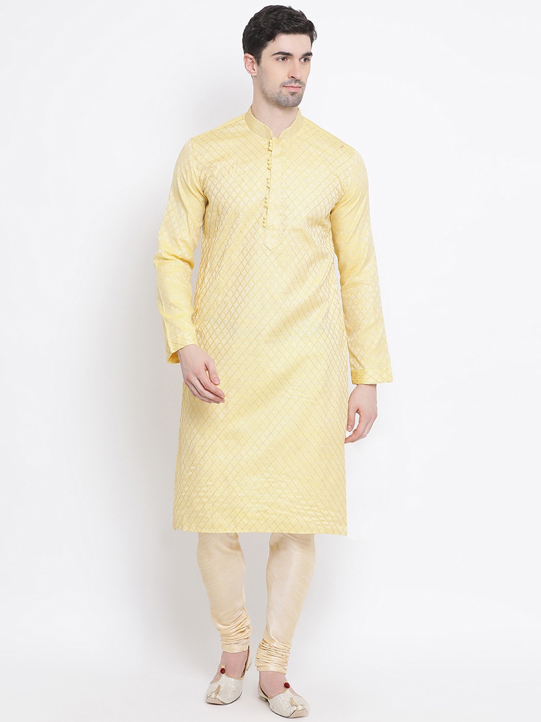 

Sanwara Men Yellow & Gold-Toned Self Design Kurta with Churidar