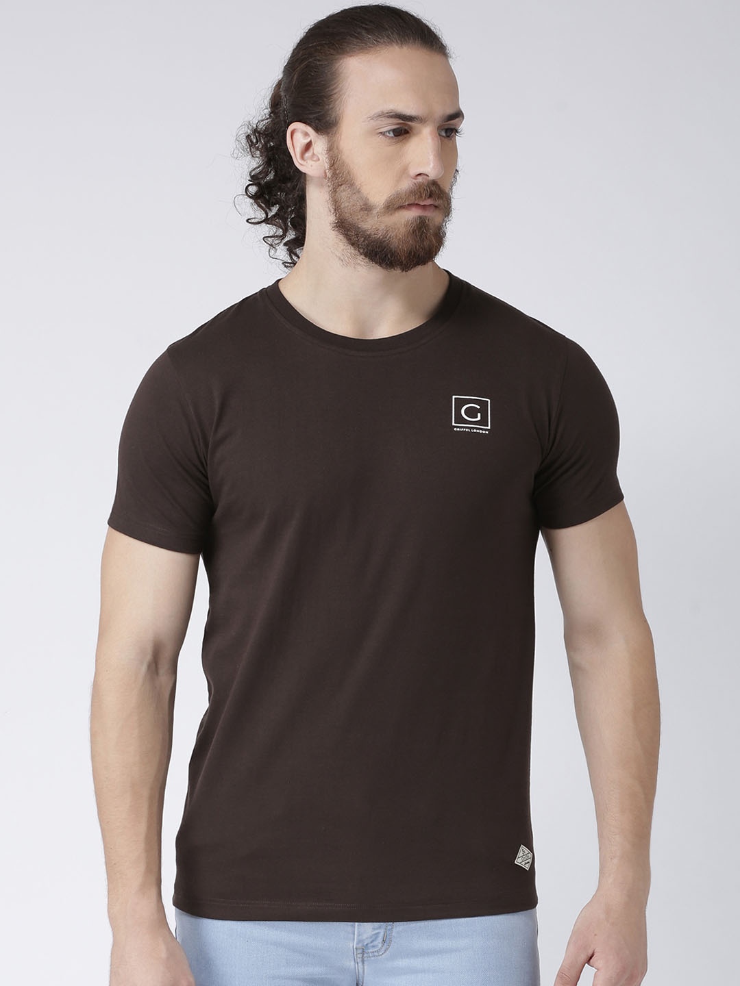 

GRIFFEL Men Coffee Brown Solid Round Neck T-shirt