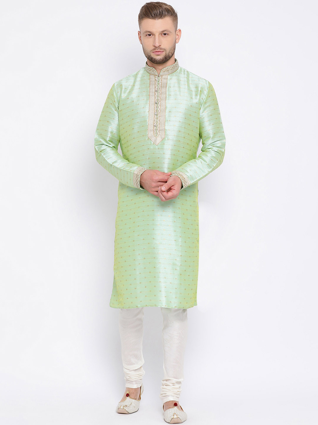 

Sanwara Men Green & White Self Design Kurta with Churidar