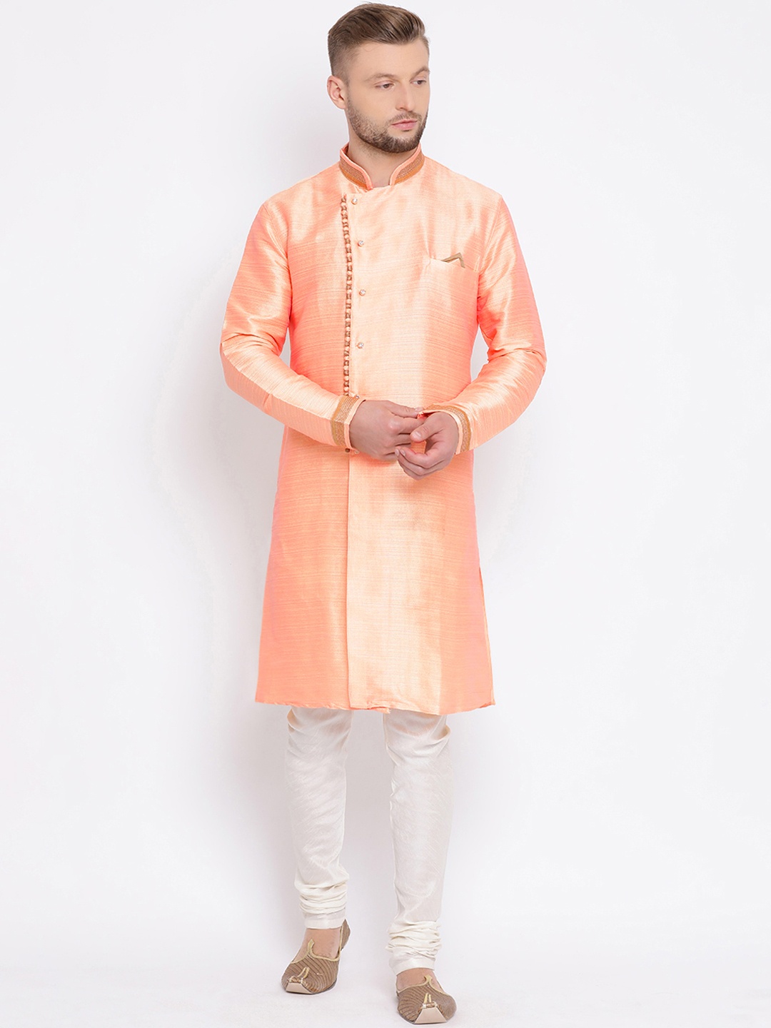 Sanwara Men Orange & White Embroidered Kurta with Churidar