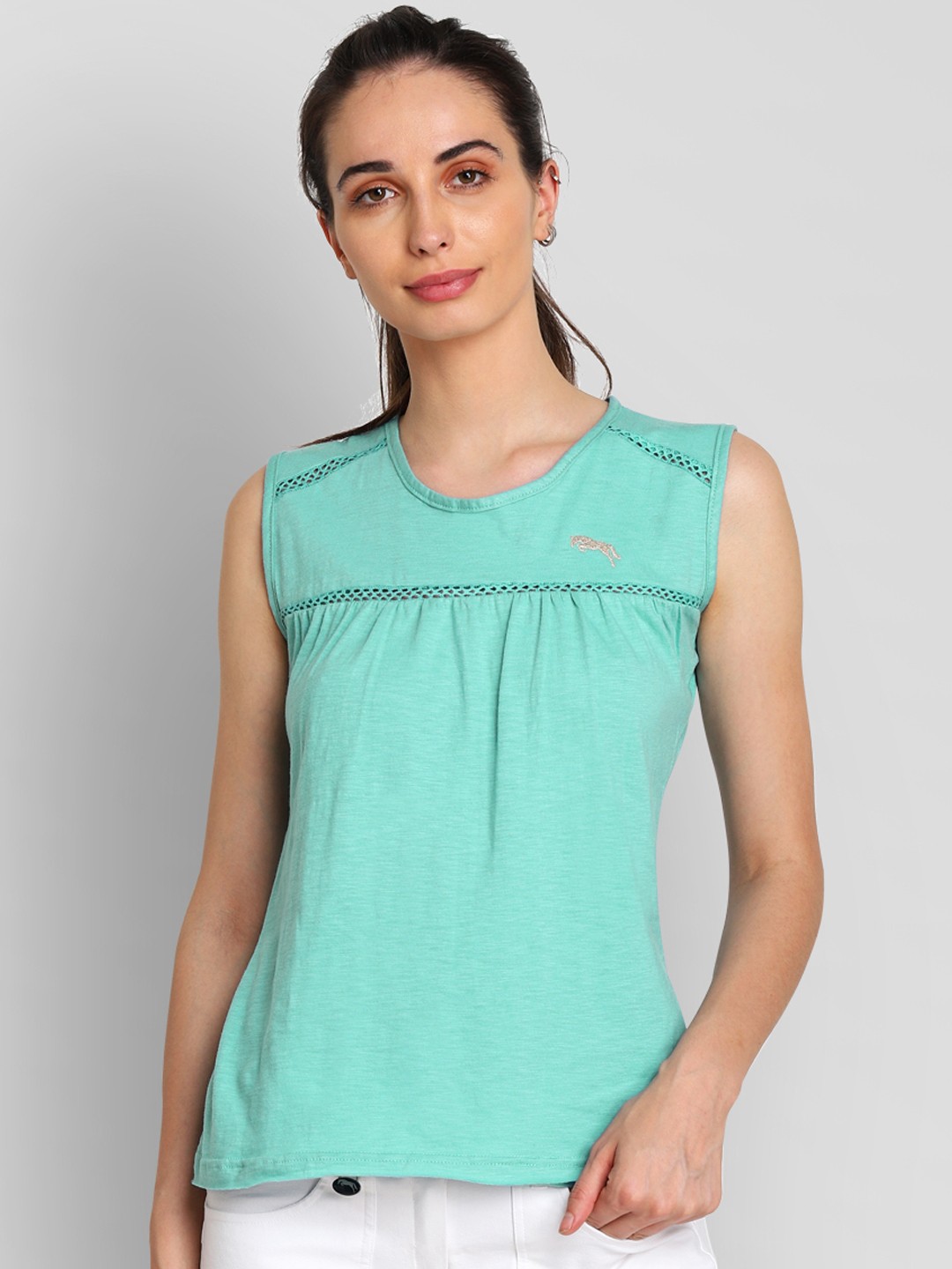 

JUMP USA Women Turquoise Blue Self Design Pure Cotton Top