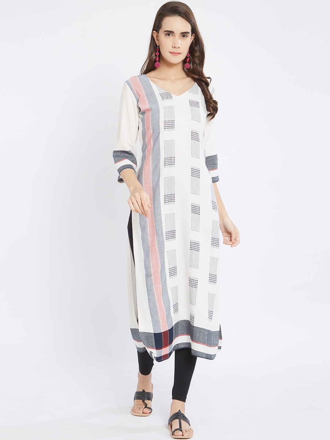 

Fusion Beats Women White & Blue Striped Straight Kurta