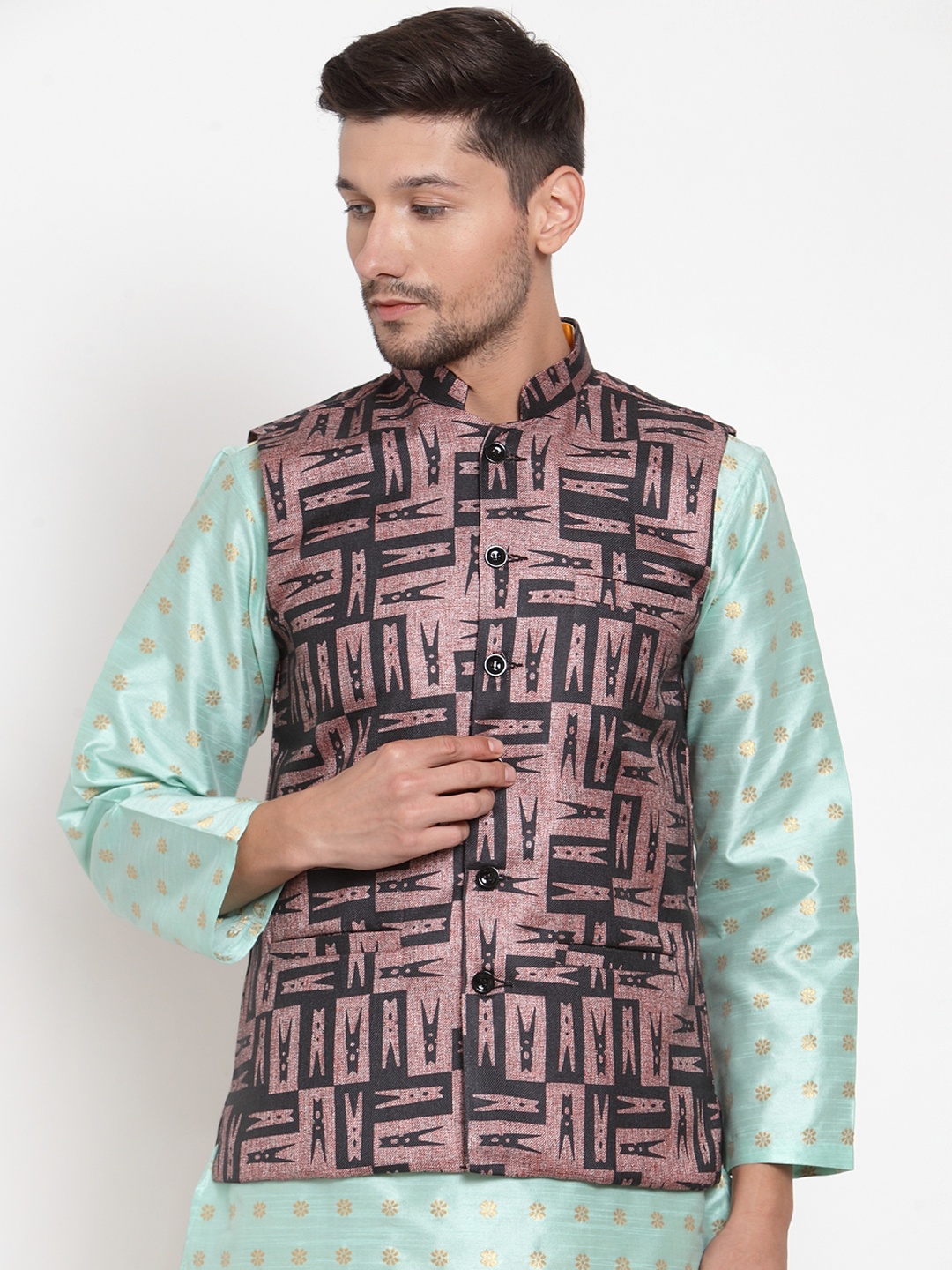 

KLOTTHE Men Brown & Black Printed Nehru Jacket