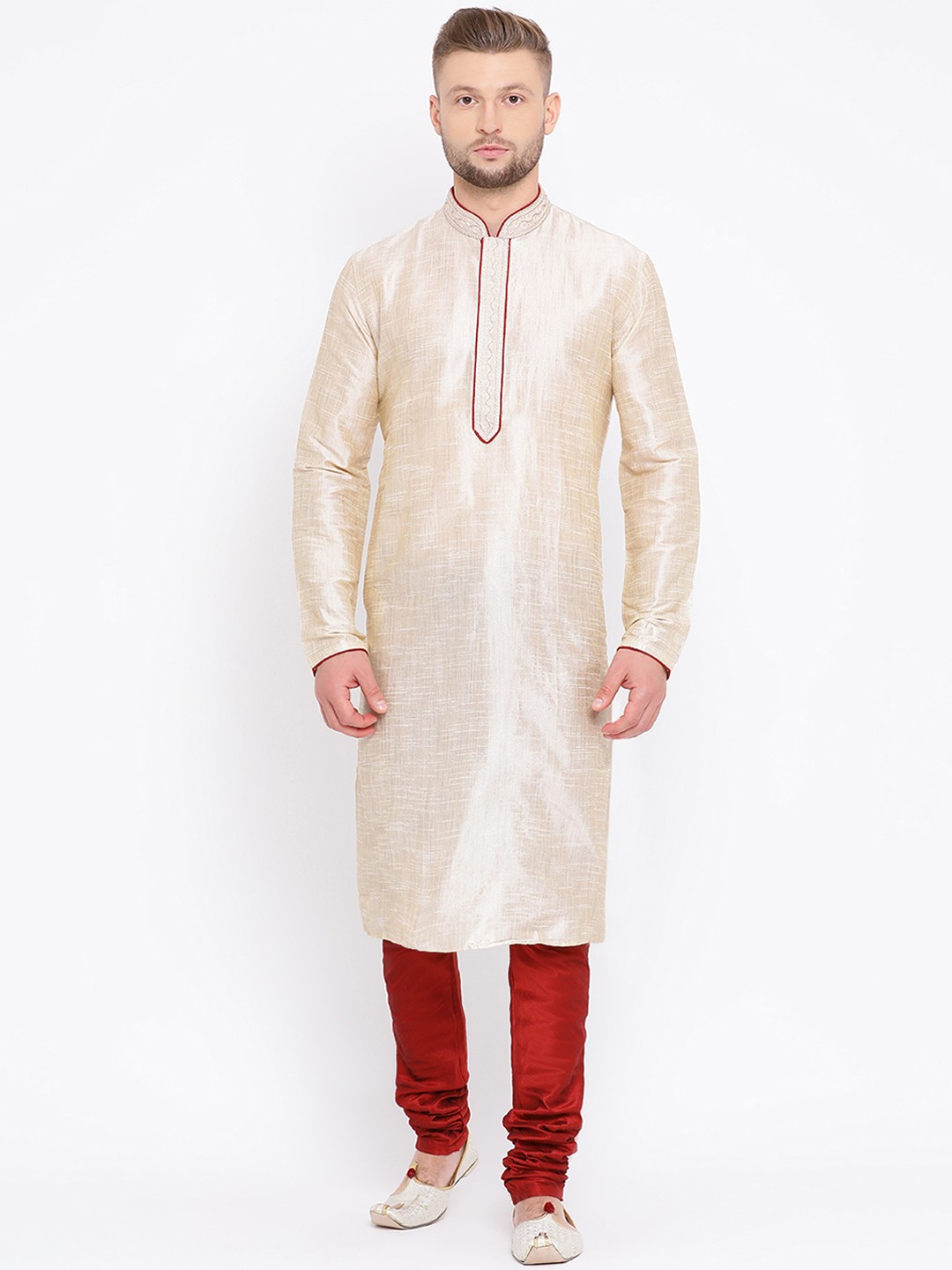 

Sanwara Men Cream-Coloured & Red Embroidered Kurta with Churidar