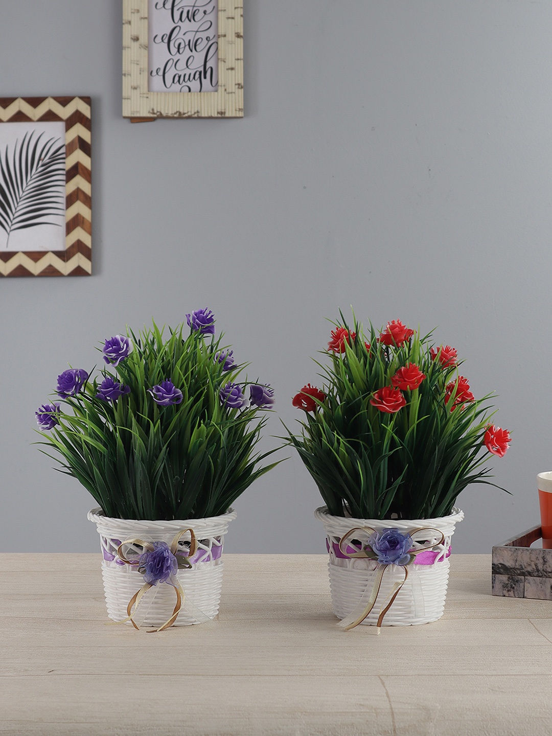 

FOLIYAJ Set of 2 Red & Purple Artificial Rose Plants With Pots, Green