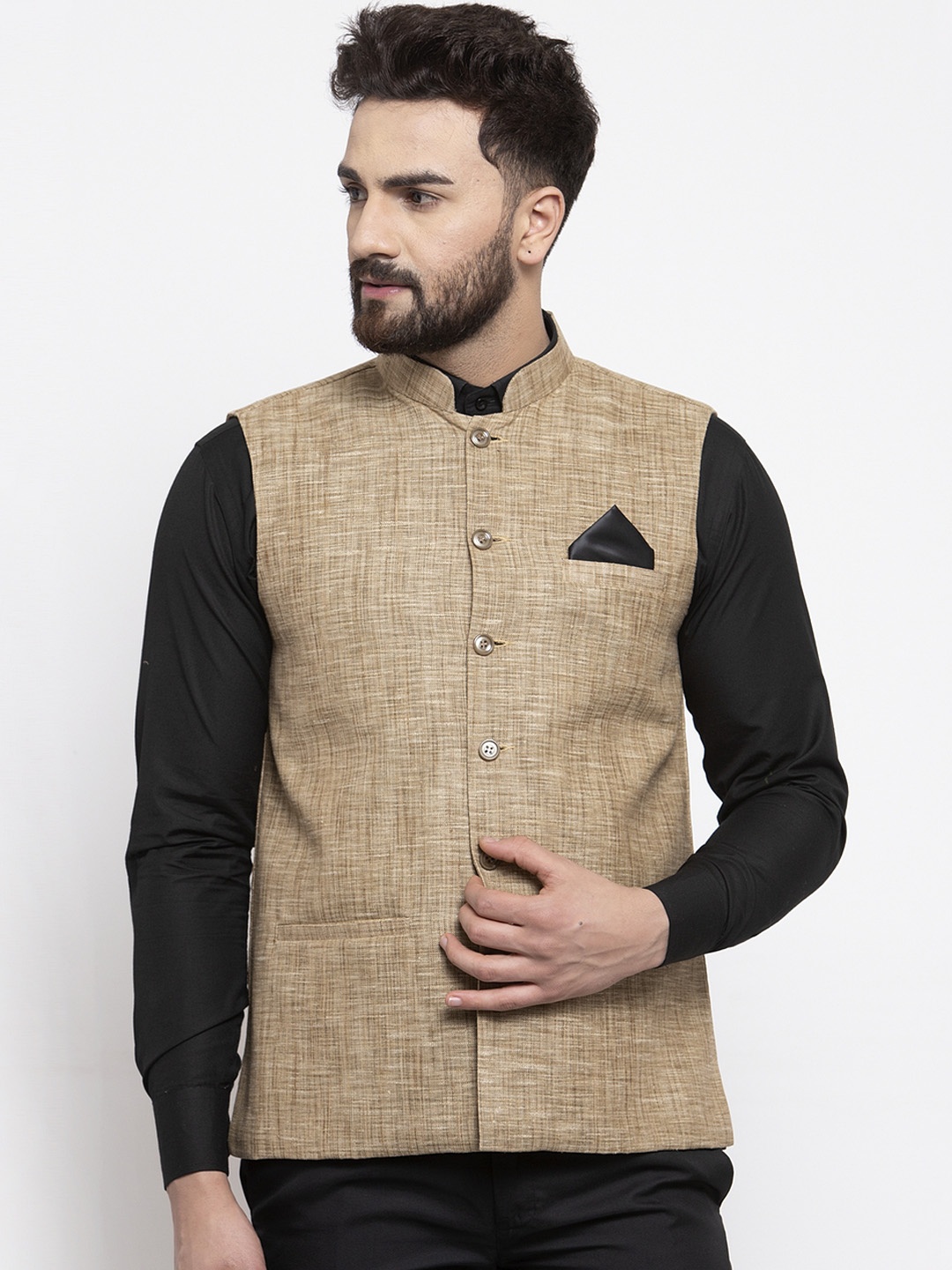

KLOTTHE Men Beige Solid Pure Cotton Nehru Jacket