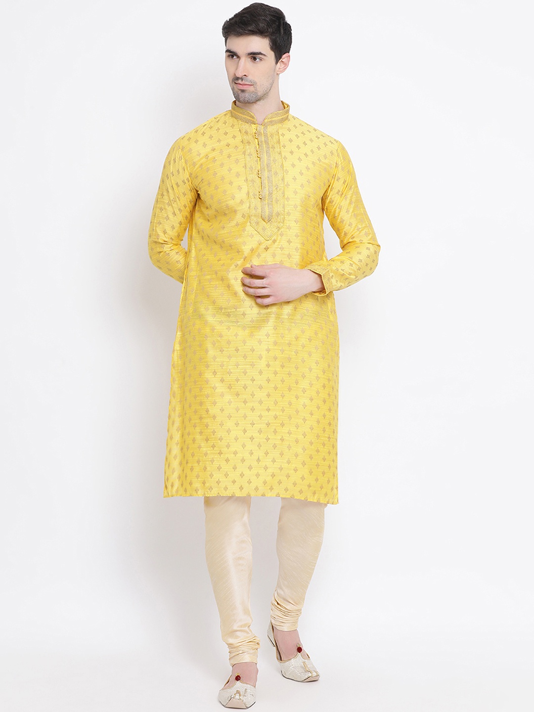 

Sanwara Men Yellow & Gold-Toned Self Design Kurta with Churidar