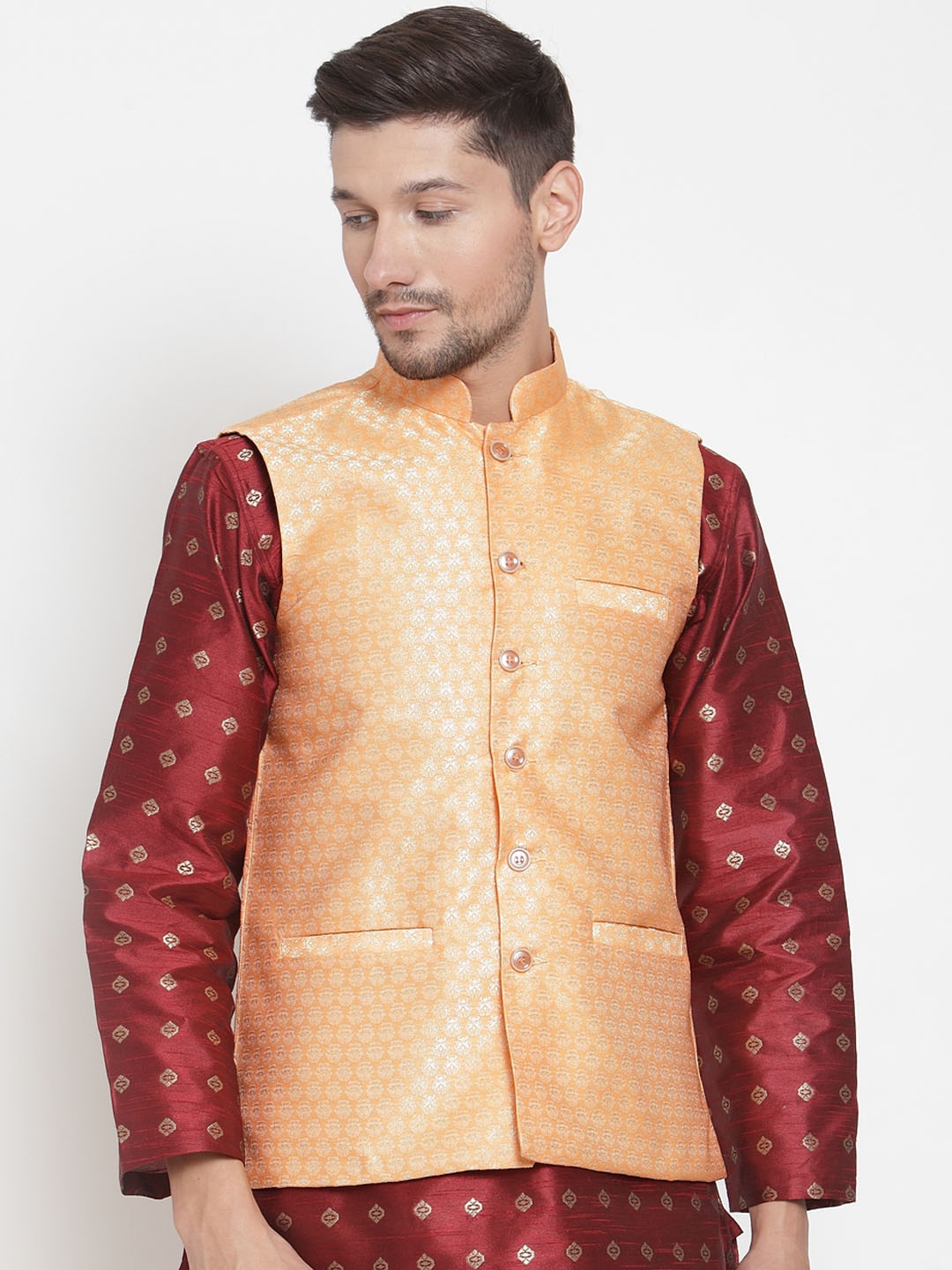 

KLOTTHE Men Orange Woven Design Satin Nehru Jacket