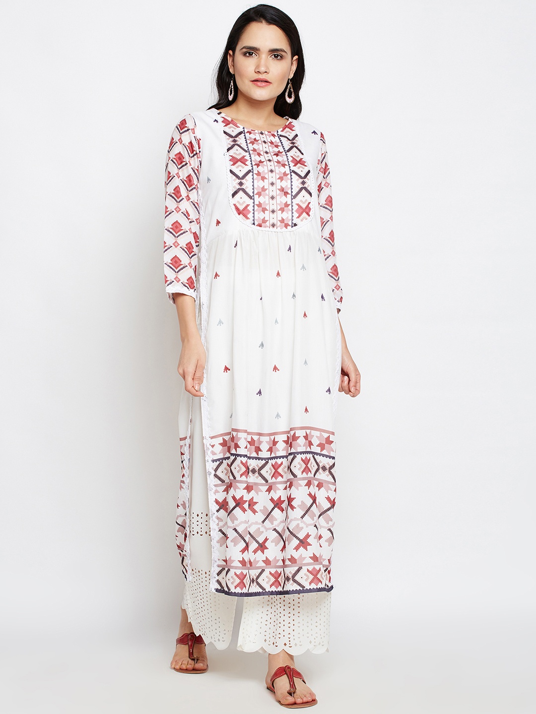 

Be Indi Women Off-White & Red Printed Straight Kurta