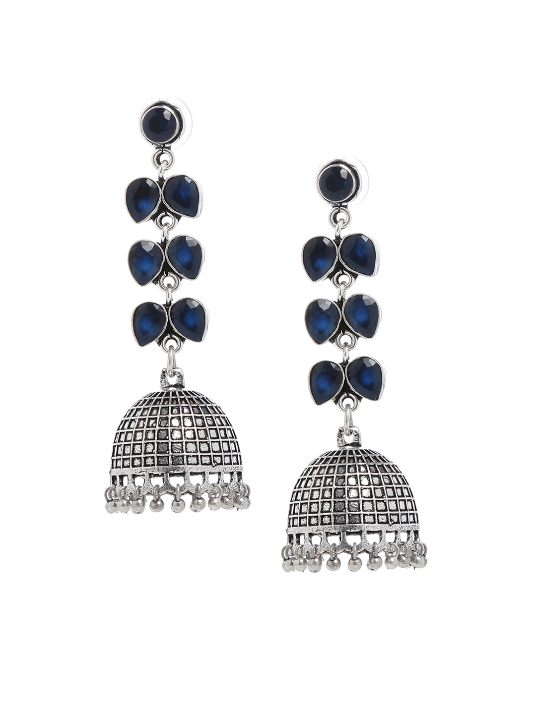 

Bamboo Tree Jewels Navy Blue & Silver-Toned Handcrafted Dome Shaped Jhumkas