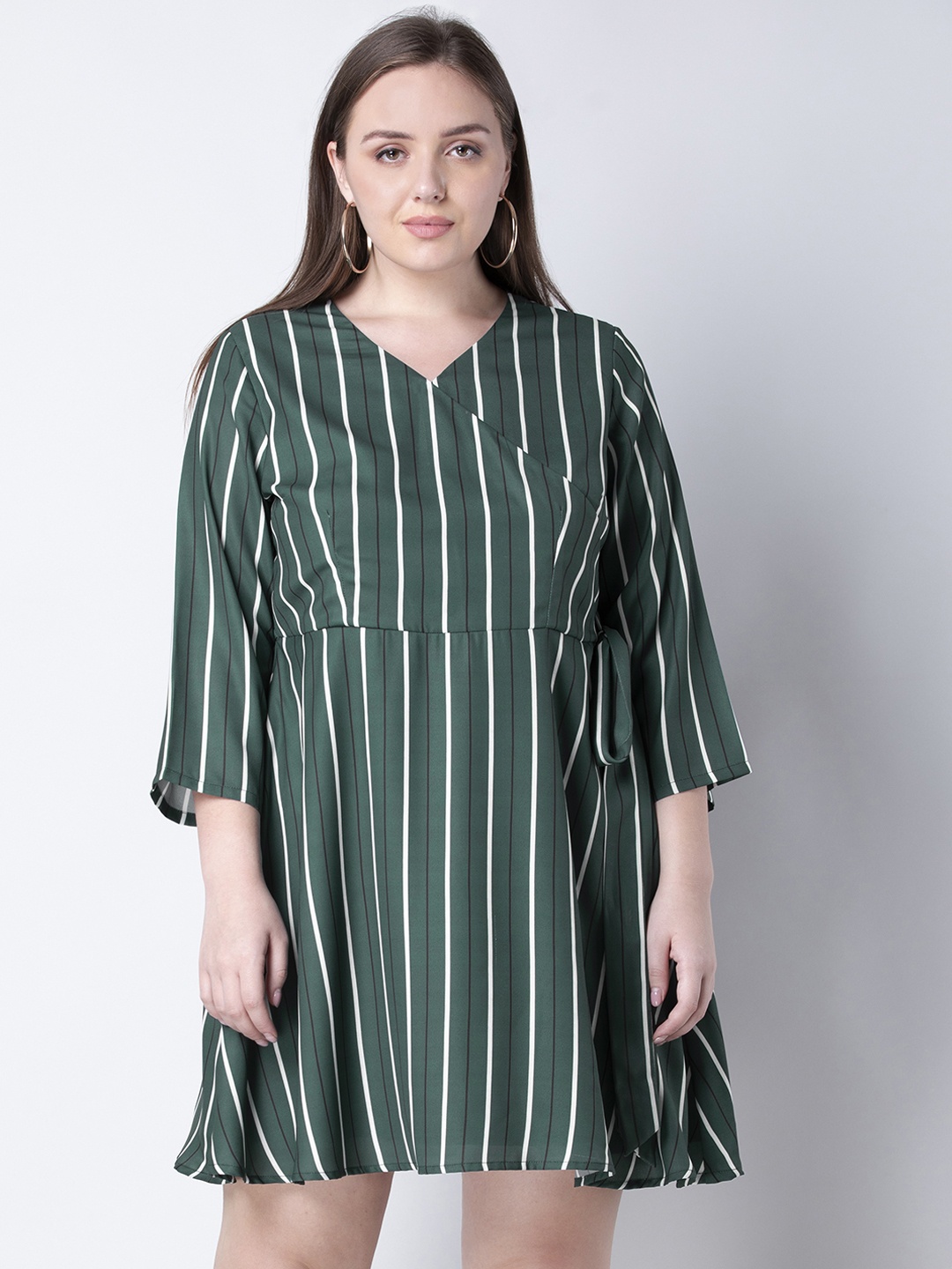 

FabAlley Curve Plus Size Women Green Striped Wrap Dress