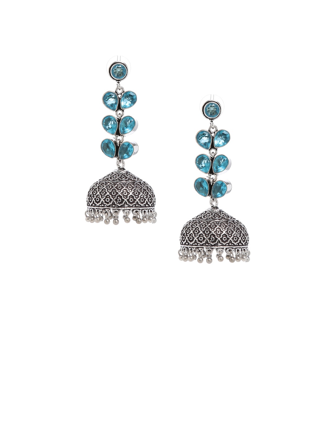 

Bamboo Tree Jewels Blue & Silver-Toned Dome Shaped Jhumkas