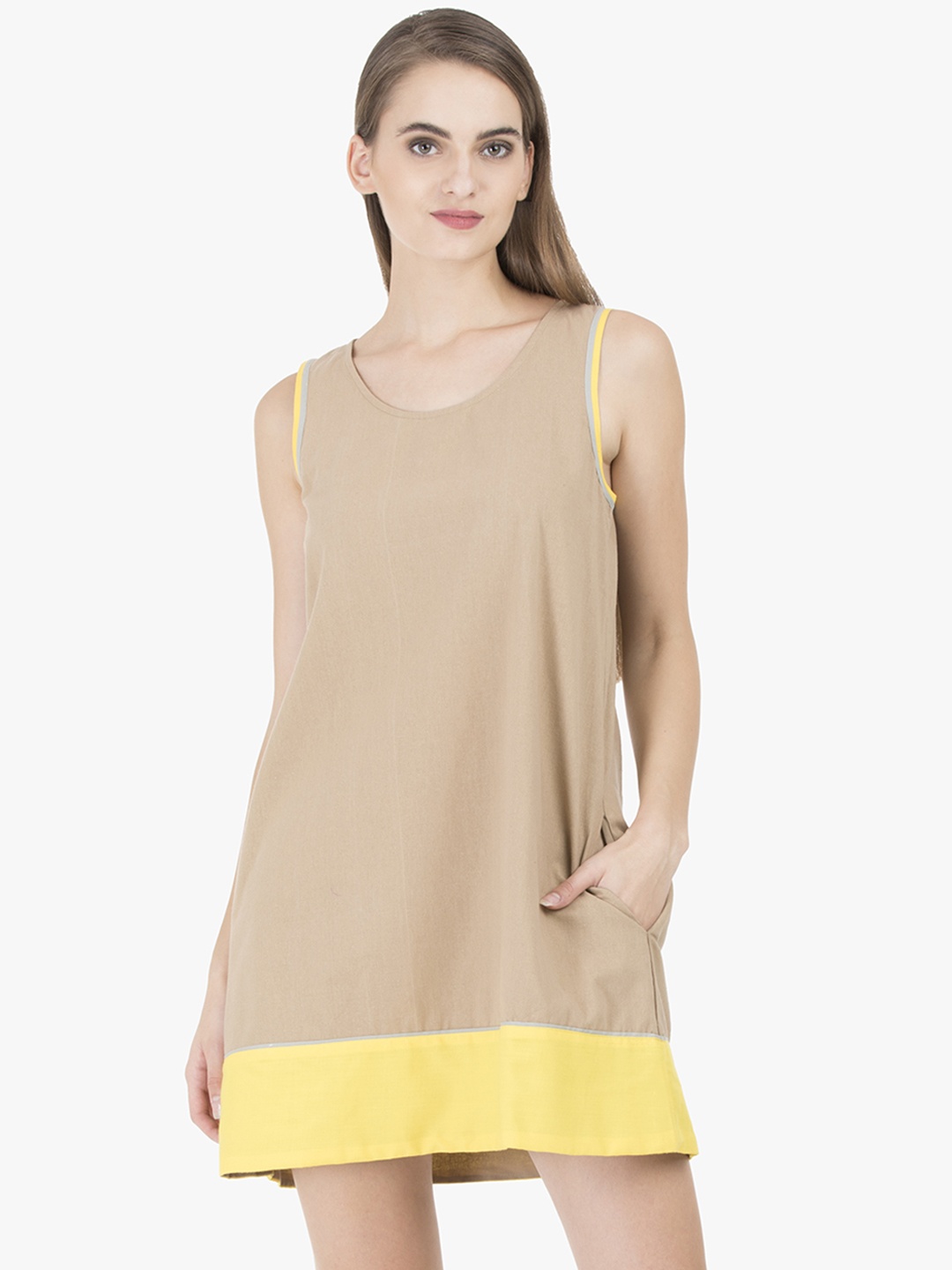 

GRASS by Gitika Goyal Women Khaki Colourblocked A-Line Dress