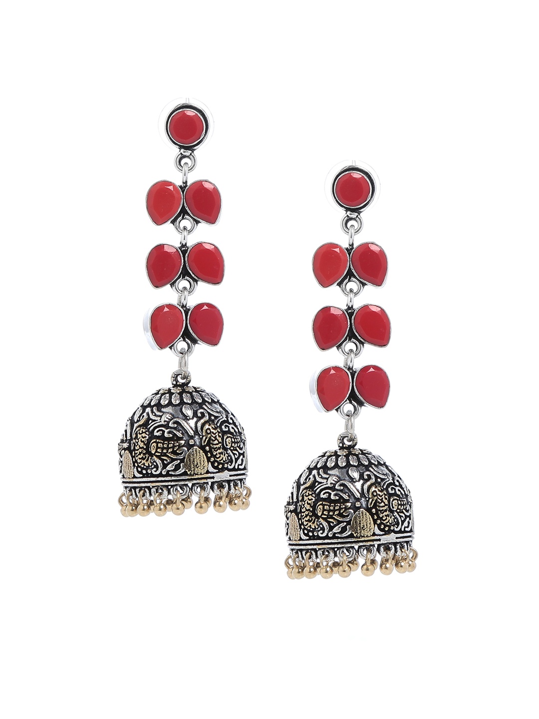 

Bamboo Tree Jewels Red & Silver-Toned Handcrafted Dome Shaped Jhumkas