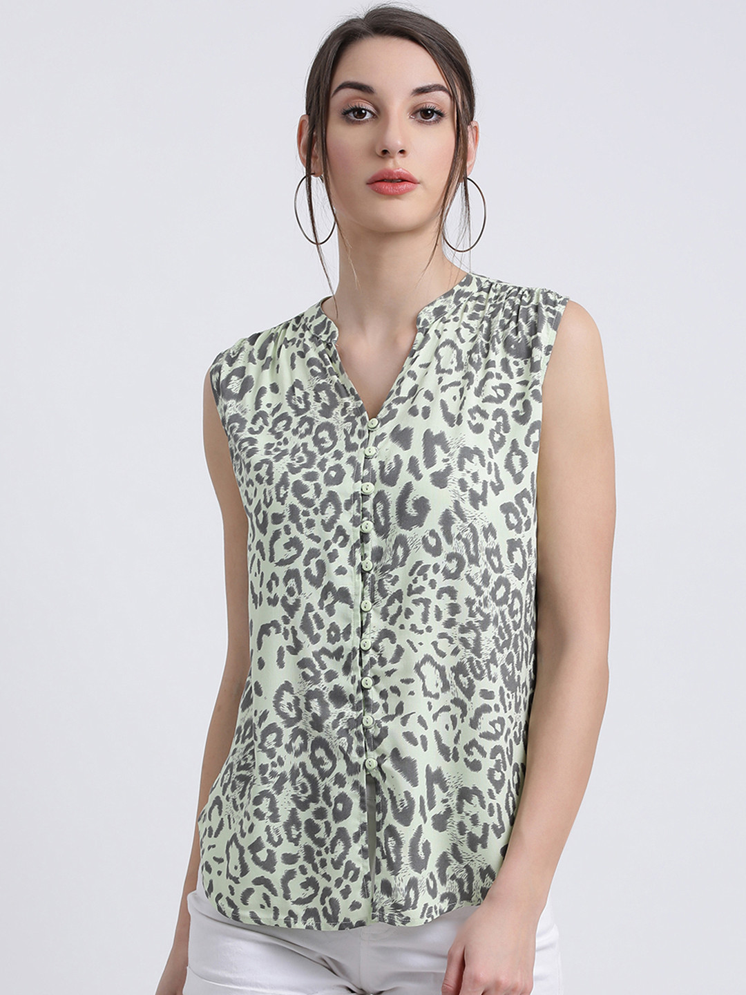 

Zink London Women Green Animal Leopard Print Shirt Style Top