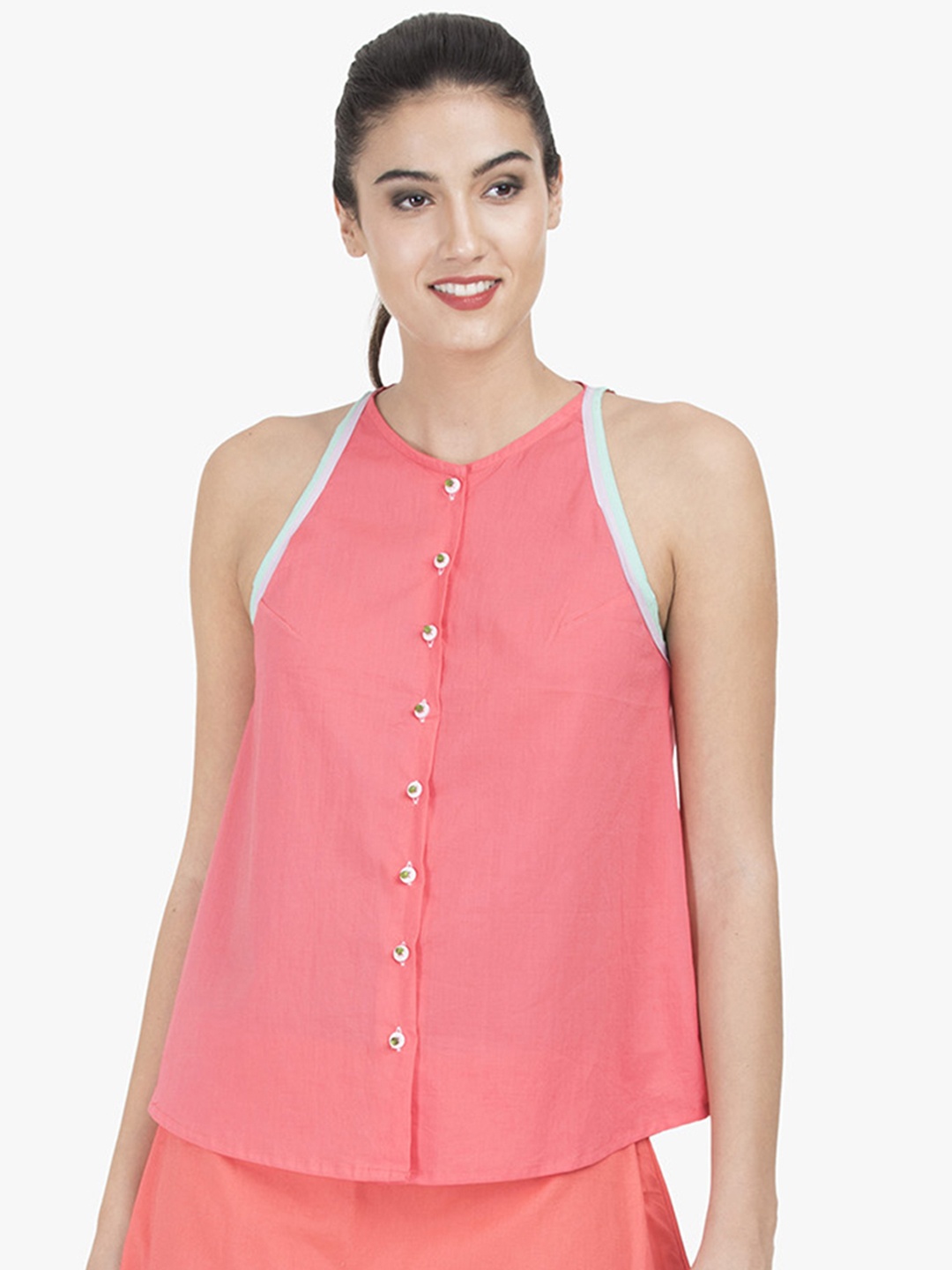 

GRASS by Gitika Goyal Women Pink Solid A-Line Pure Cotton Top
