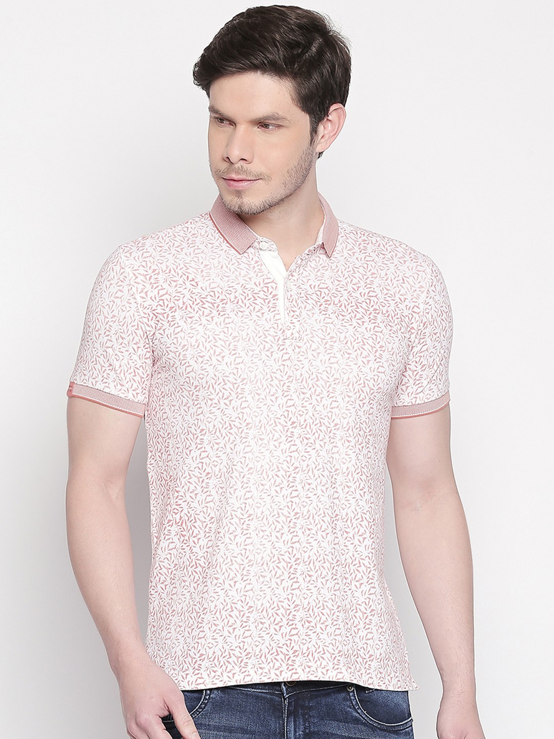 

Mufti Men White Pink Printed Polo Collar Pure Cotton T-shirt