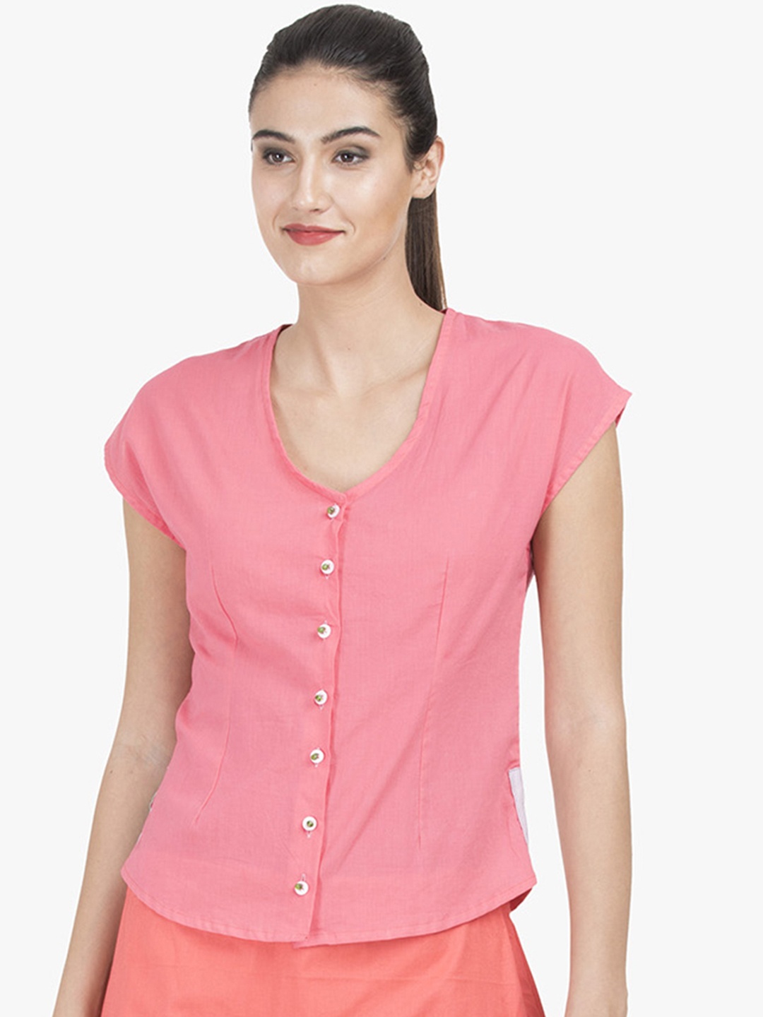 

GRASS by Gitika Goyal Women Pink Solid Pure Cotton Top