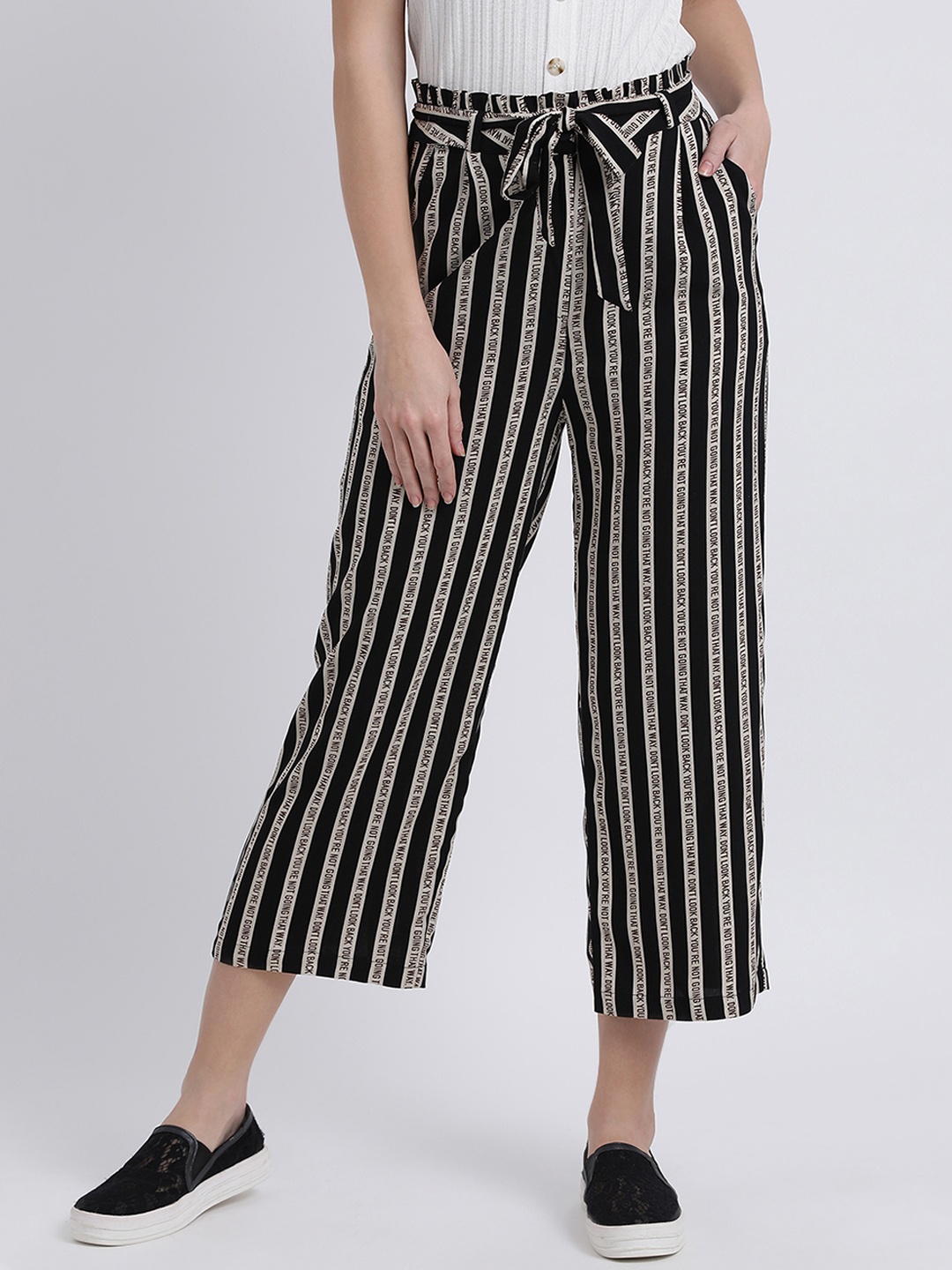 

Zink London Women Black & Off-White Regular Fit Striped Parallel Trousers