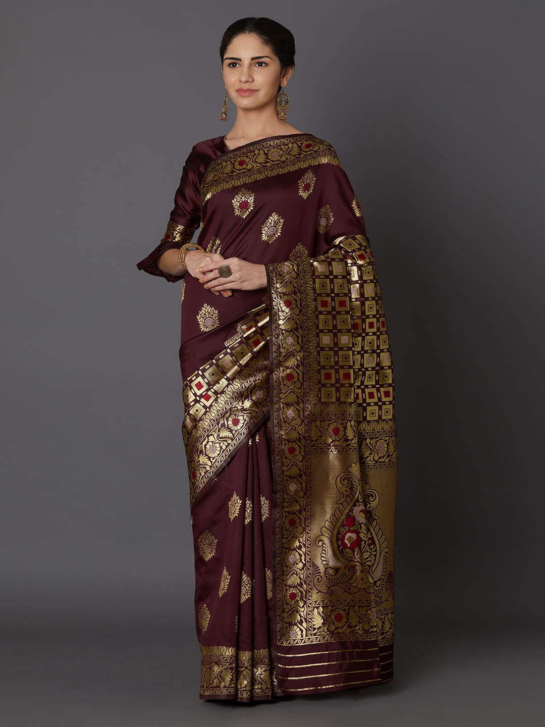 

Mitera Brown & Gold-Coloured Silk Blend Woven Design Kanjeevaram Saree