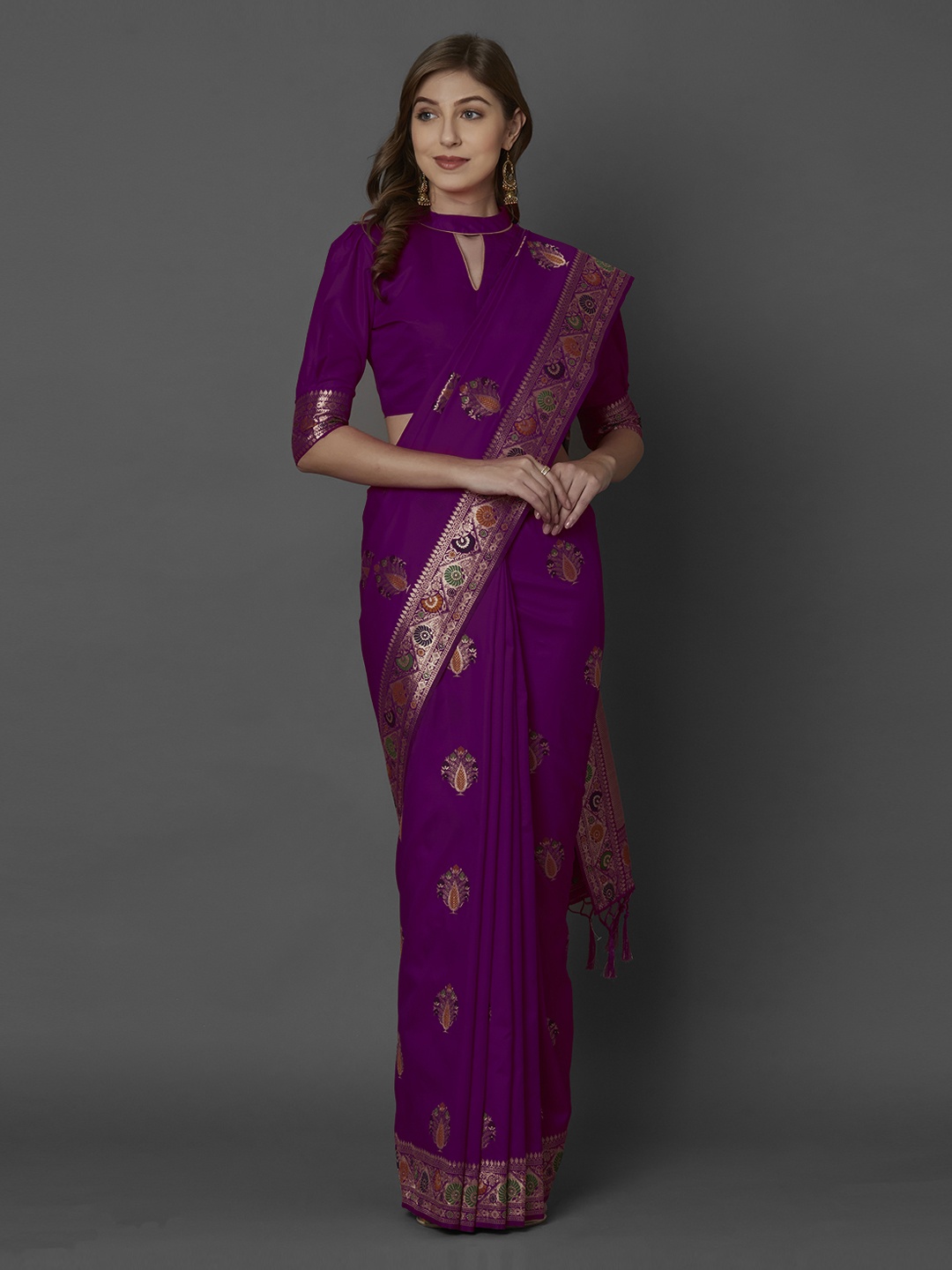 Mitera Purple & Golden Silk Blend Woven Design Kanjeevaram Saree