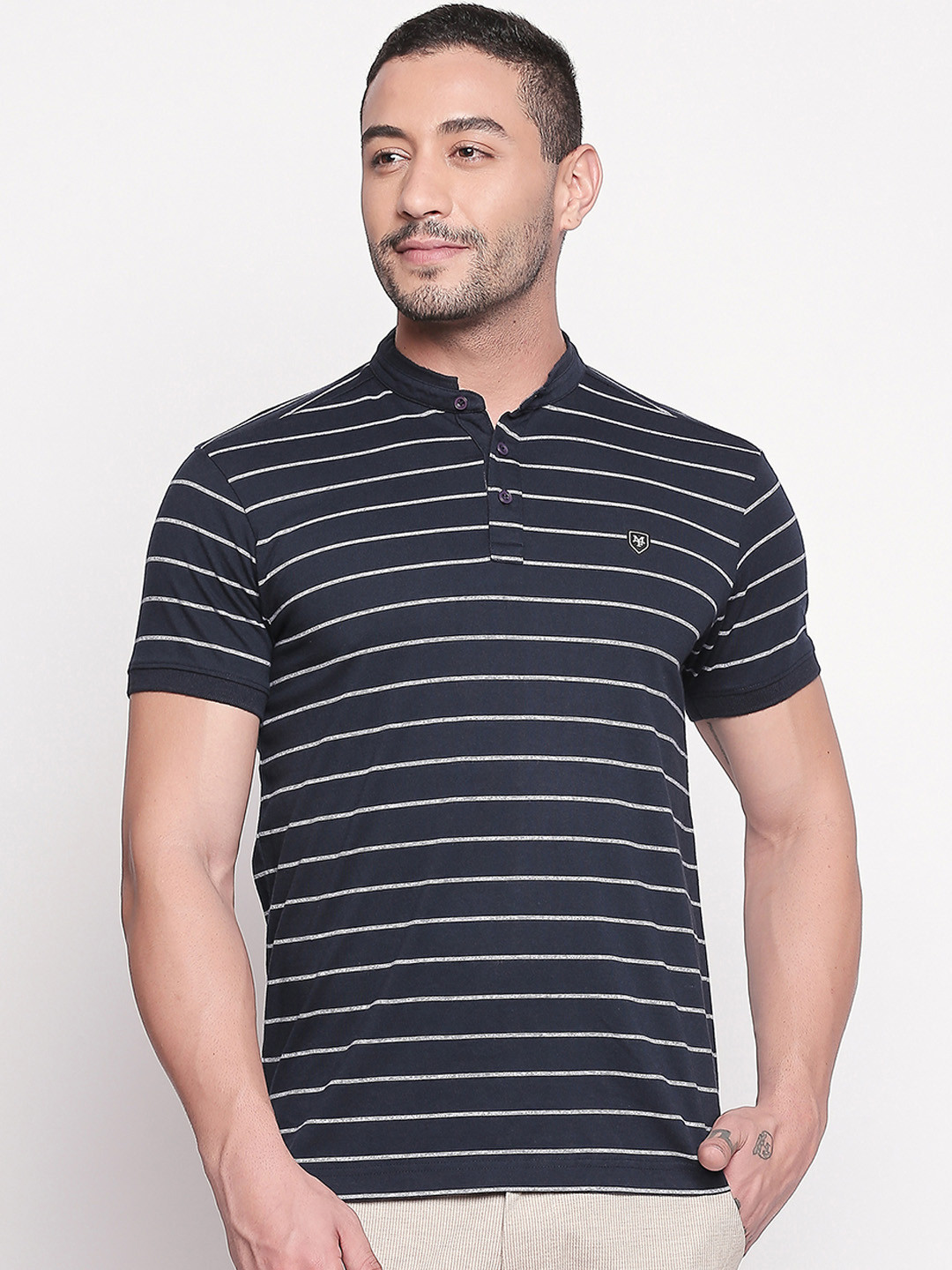 

Mufti Men Navy Blue & White Striped Mandarin Collar T-shirt