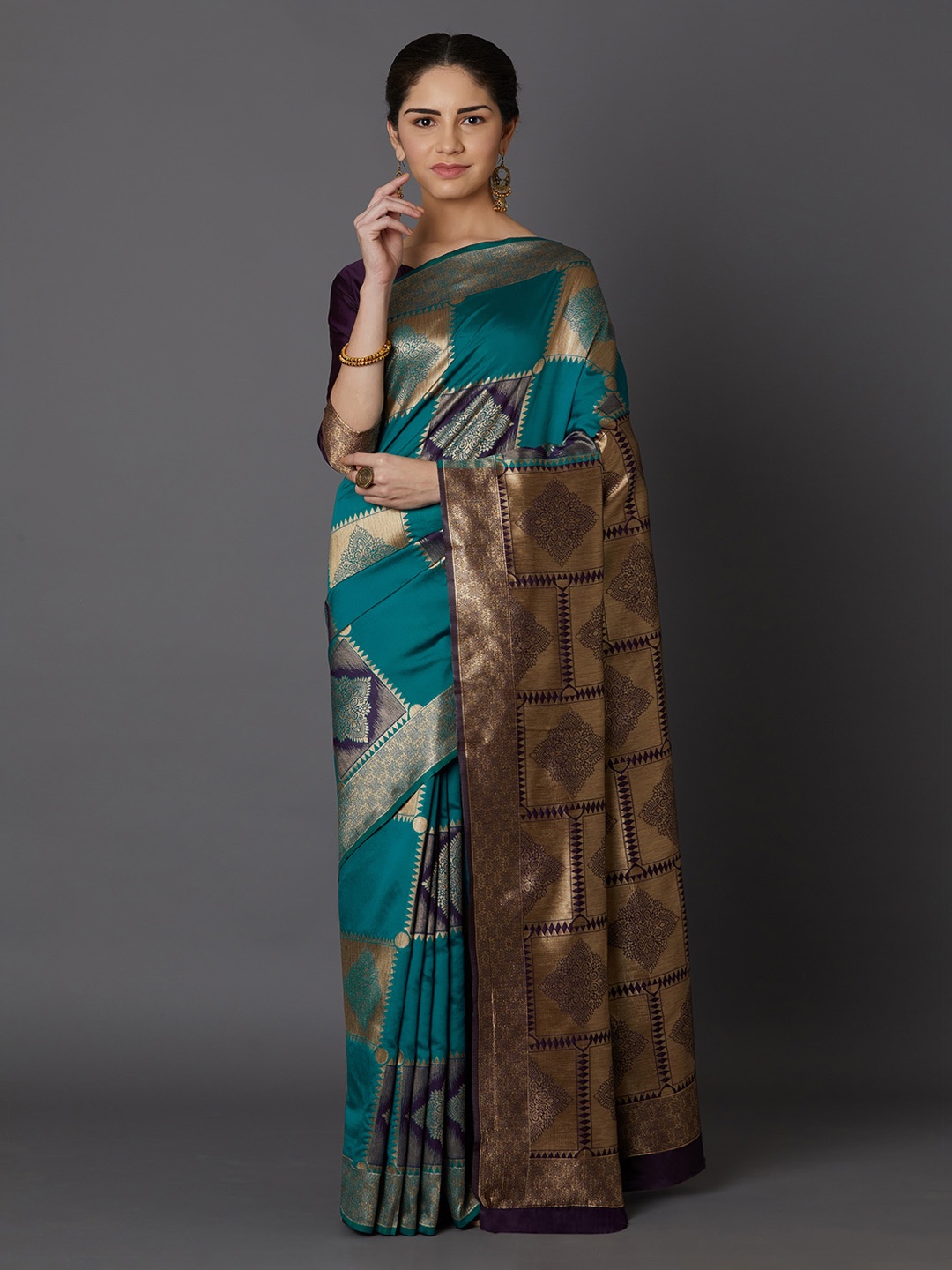 

Mitera Teal Green & Gold-Toned Silk Blend Woven Design Kanjeevaram Saree