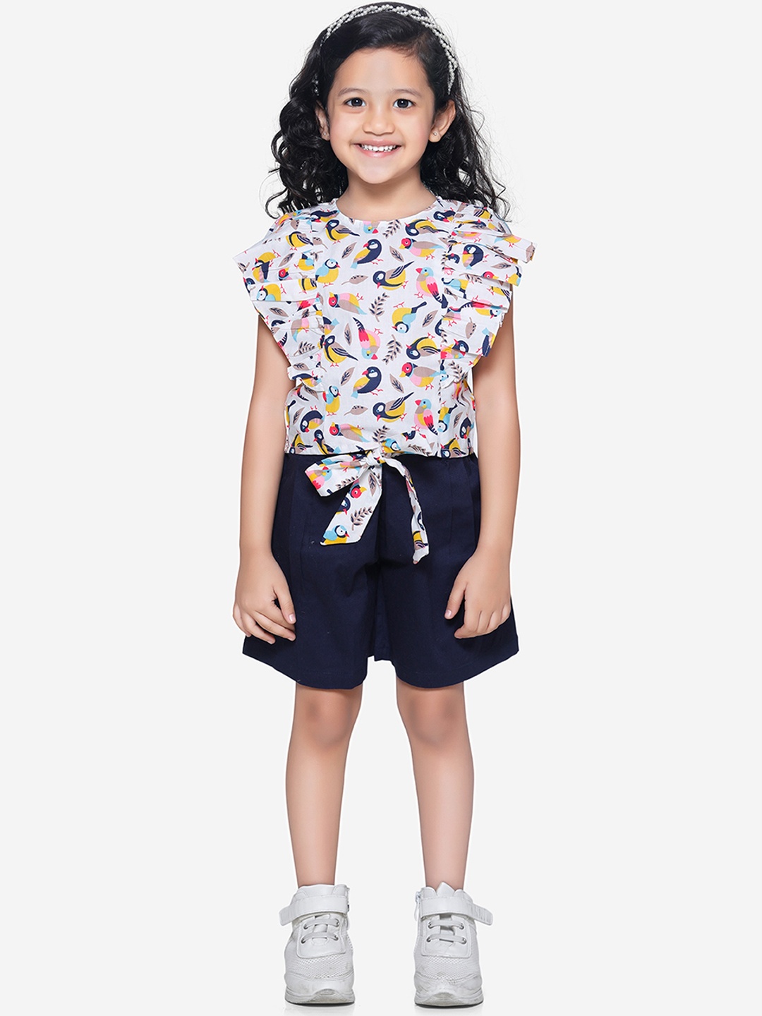 

LilPicks Girls White Printed Top with Navy Blue Shorts