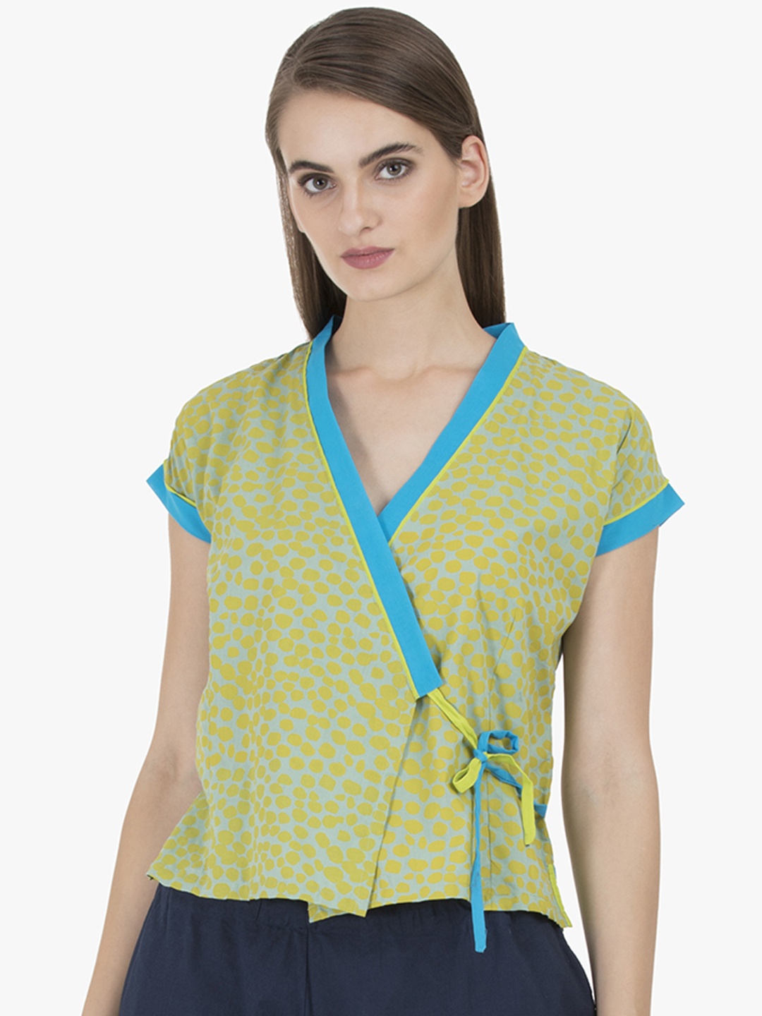 

GRASS by Gitika Goyal Women Green Printed Wrap Pure Cotton Top