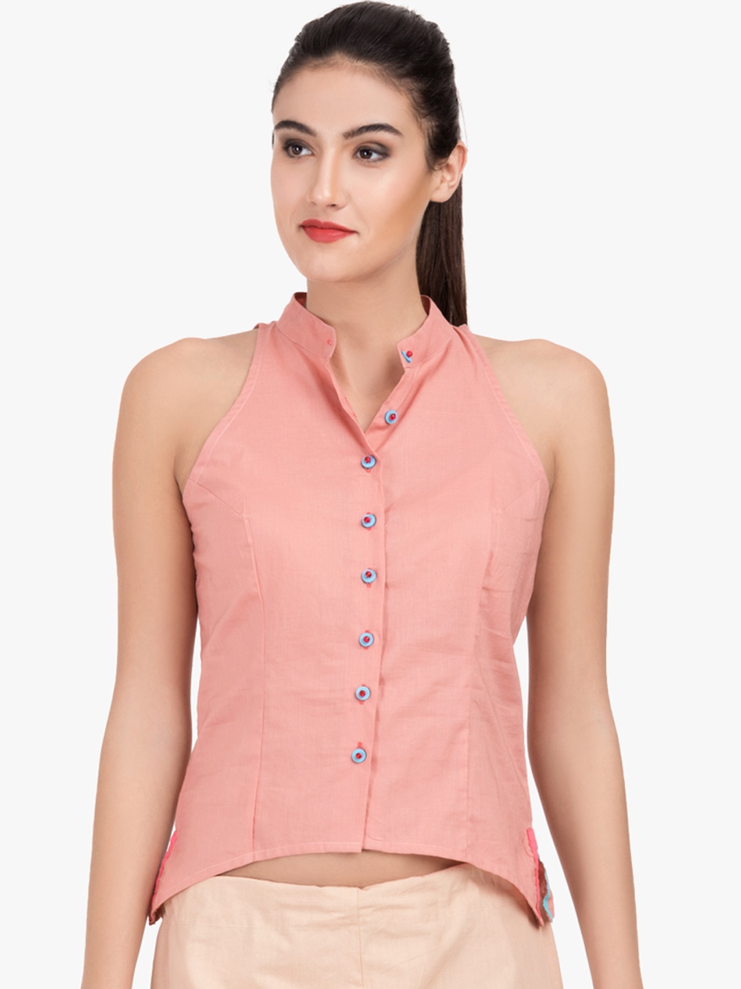 

GRASS by Gitika Goyal Women Pink Solid Shirt Style Pure Cotton Top