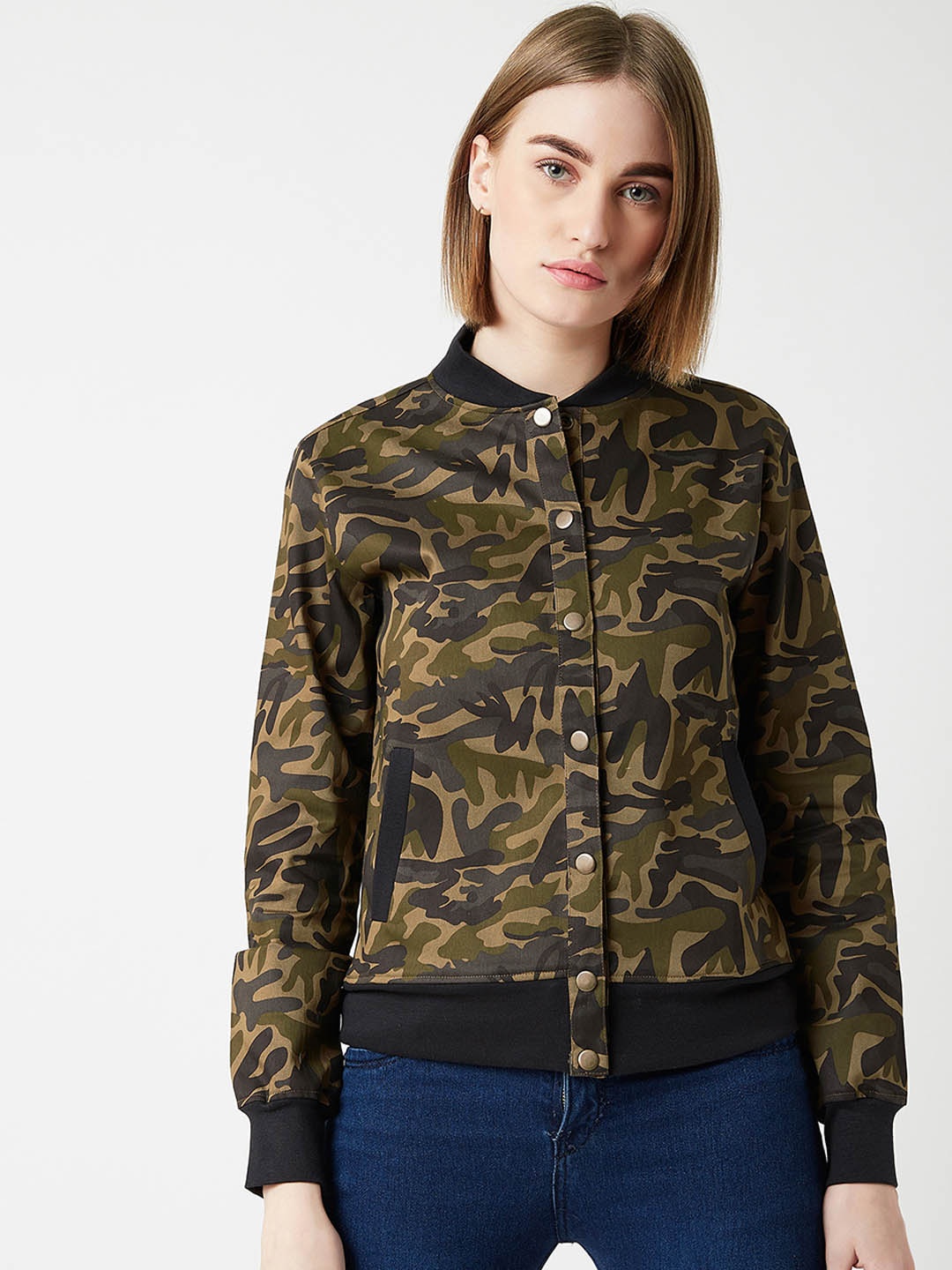 

Miss Chase Women Olive Green Camouflage Printed Bomber