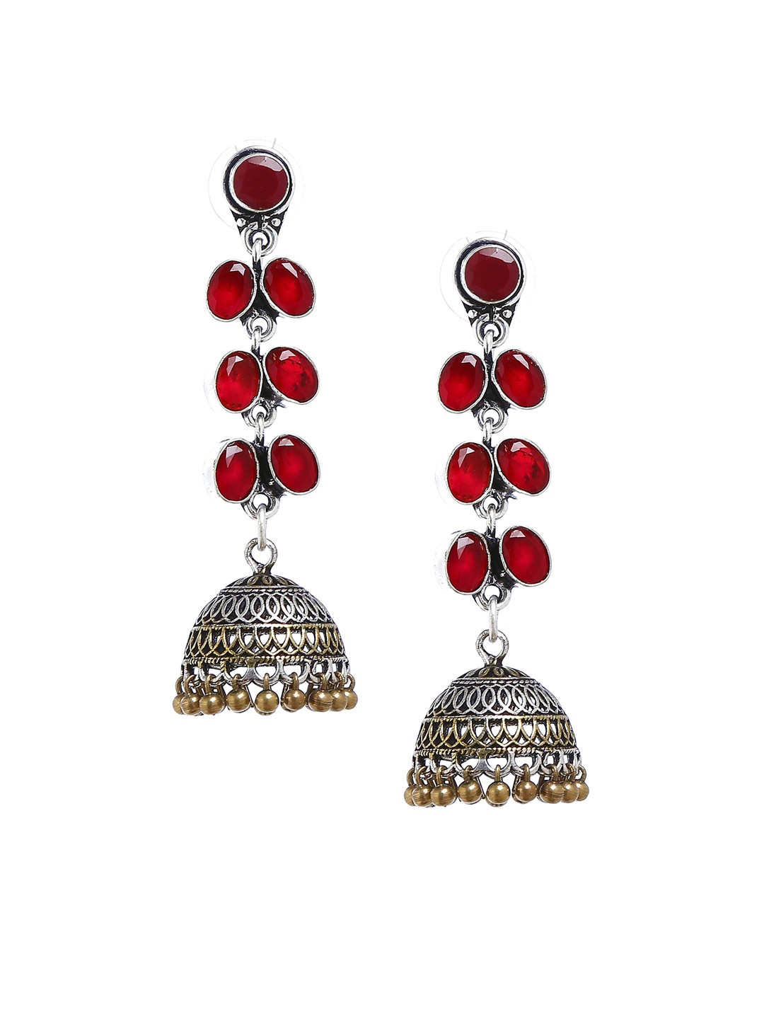 

Bamboo Tree Jewels Red & Silver-Toned Handcrafted Dome Shaped Jhumkas