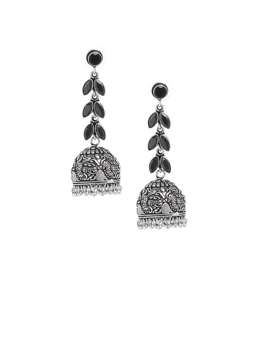 

Bamboo Tree Jewels Silver-Toned & Black Dome Shaped Jhumkas
