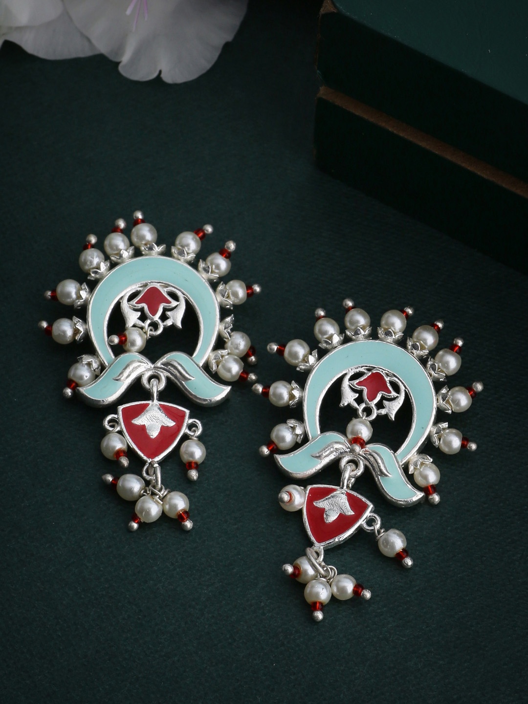 

Voylla Silver-Plated & Blue Classic Enamelled Drop Earrings
