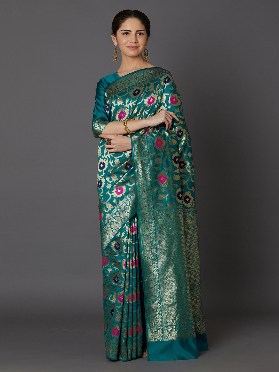 

Mitera Teal Green & Blue Silk Blend Woven Design Kanjeevaram Saree