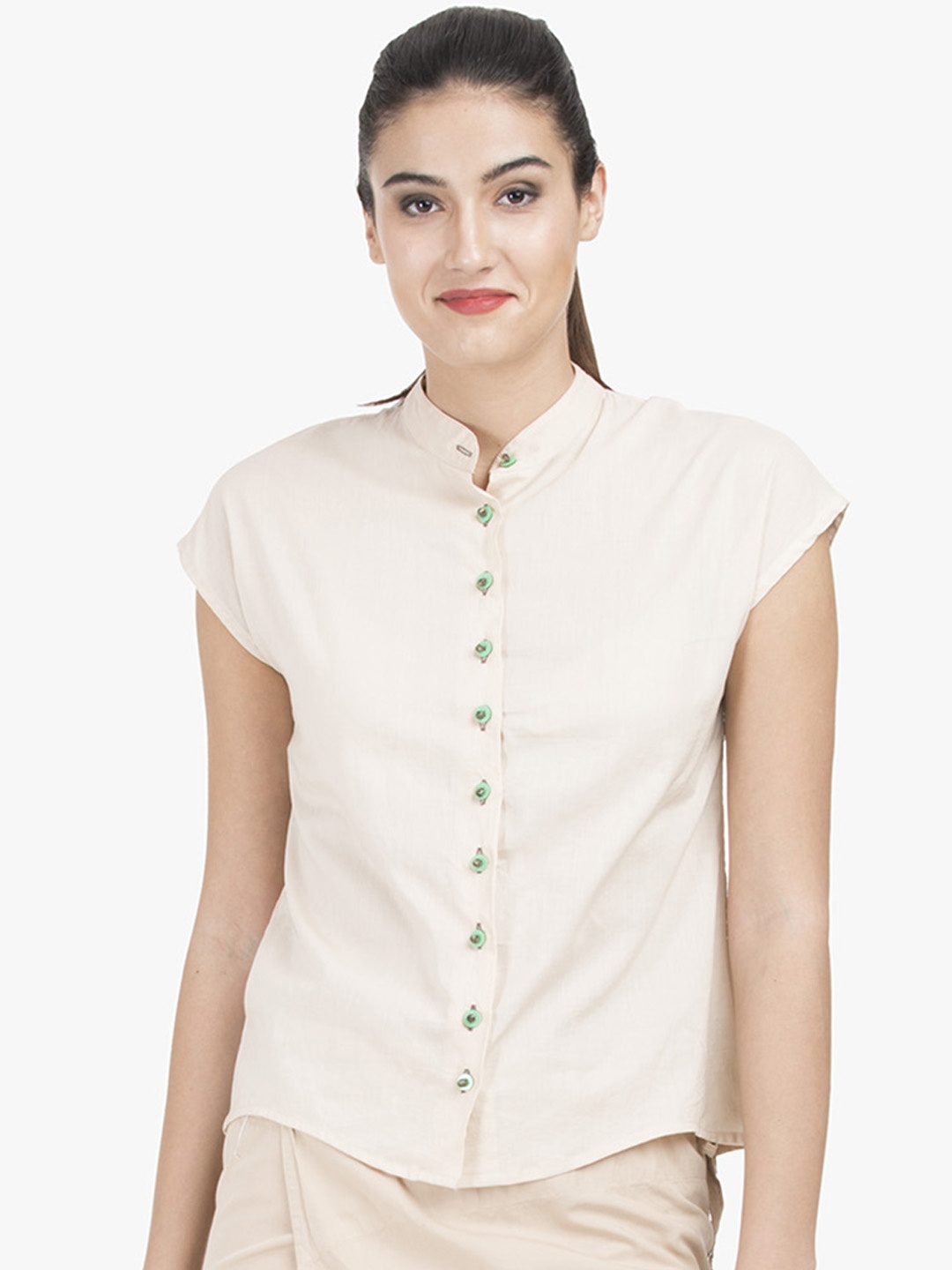 

GRASS by Gitika Goyal Women Cream-Coloured Solid Shirt Style Pure Cotton Top