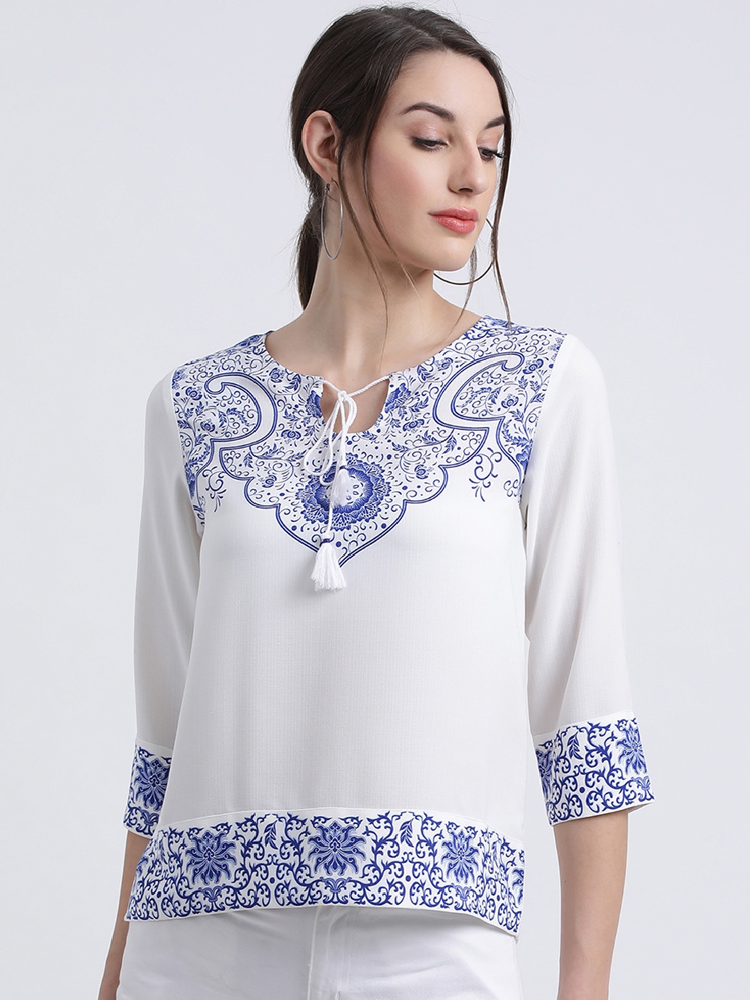 

Zink London Women White & Blue Printed Top