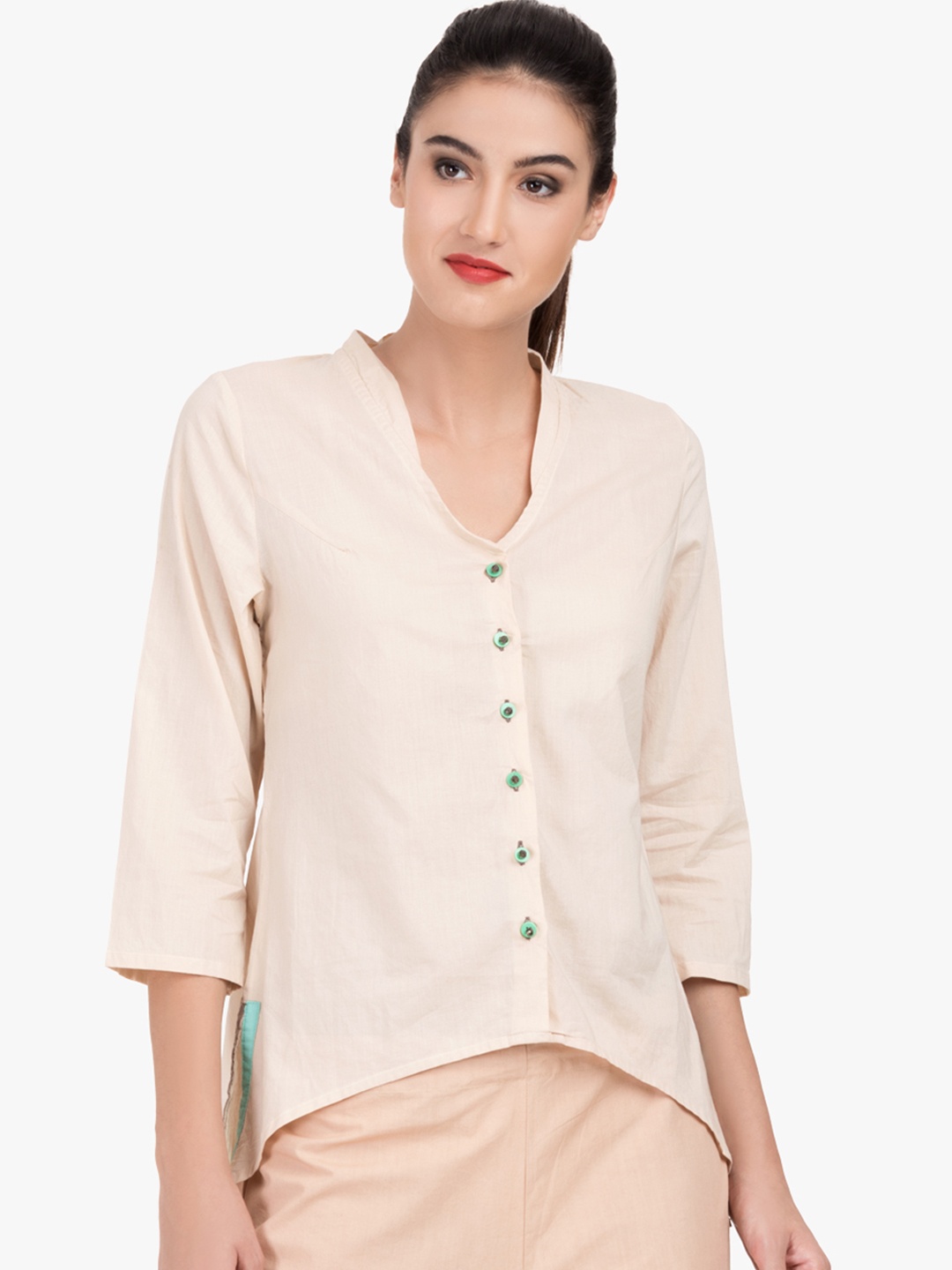 

GRASS by Gitika Goyal Women Cream-Coloured Solid Slim Fit Casual Shirt