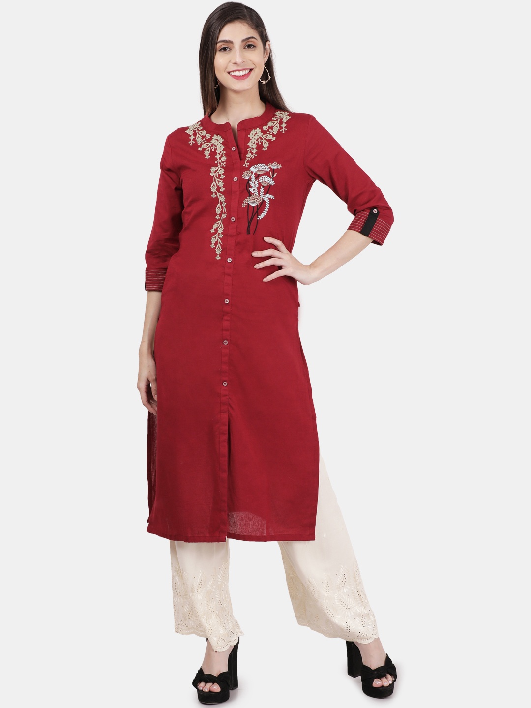 

Alena Women Maroon Embroidered Straight Kurta