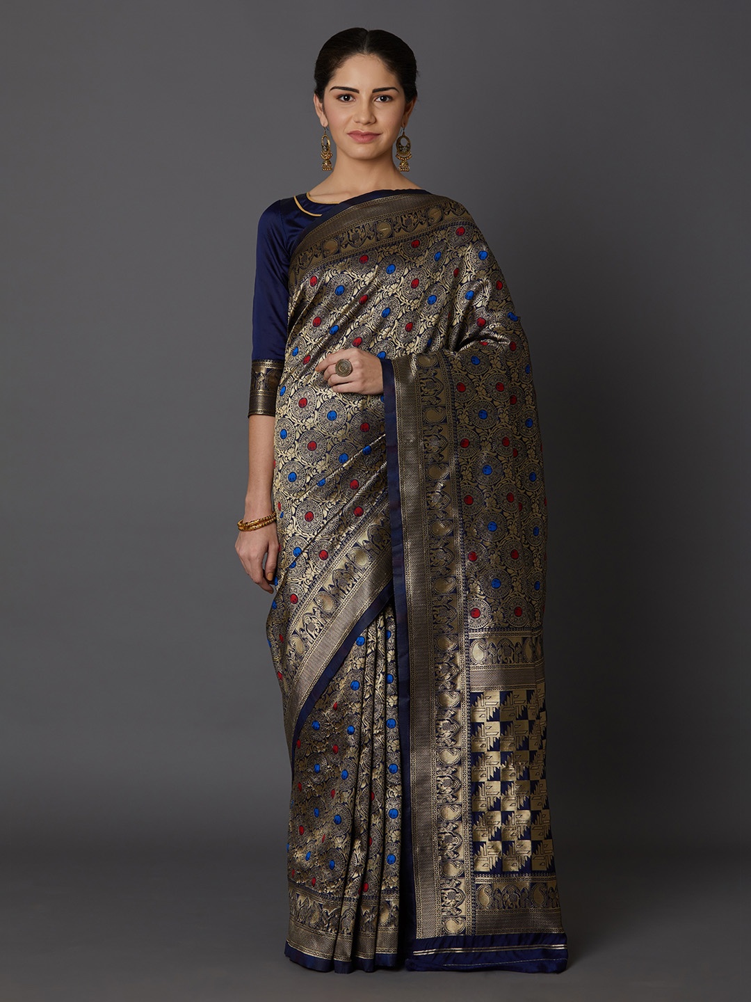

Mitera Navy Blue & Gold-Toned Silk Blend Woven Design Kanjeevaram Saree