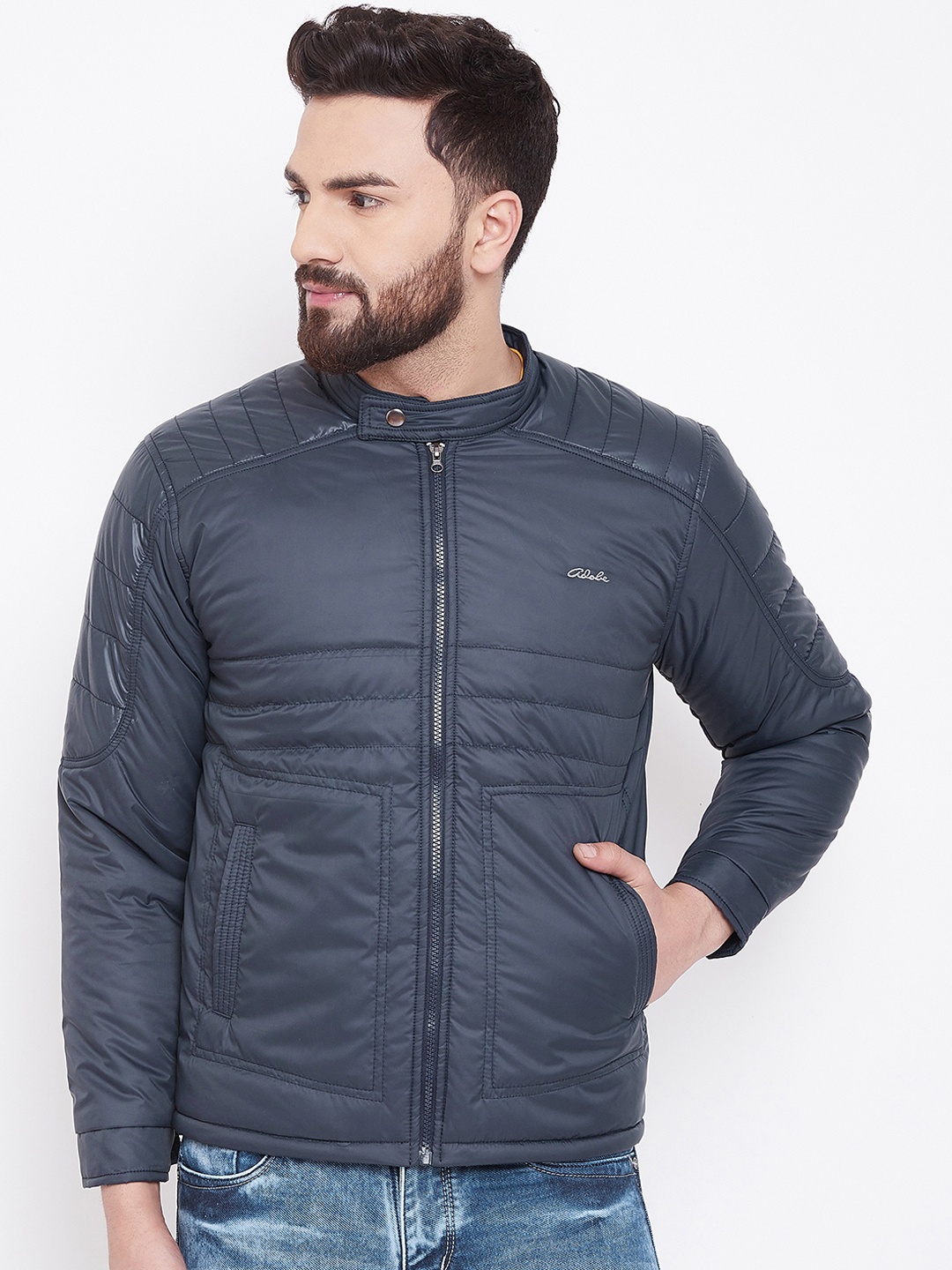 

Adobe Men Navy Blue Solid Padded Jacket