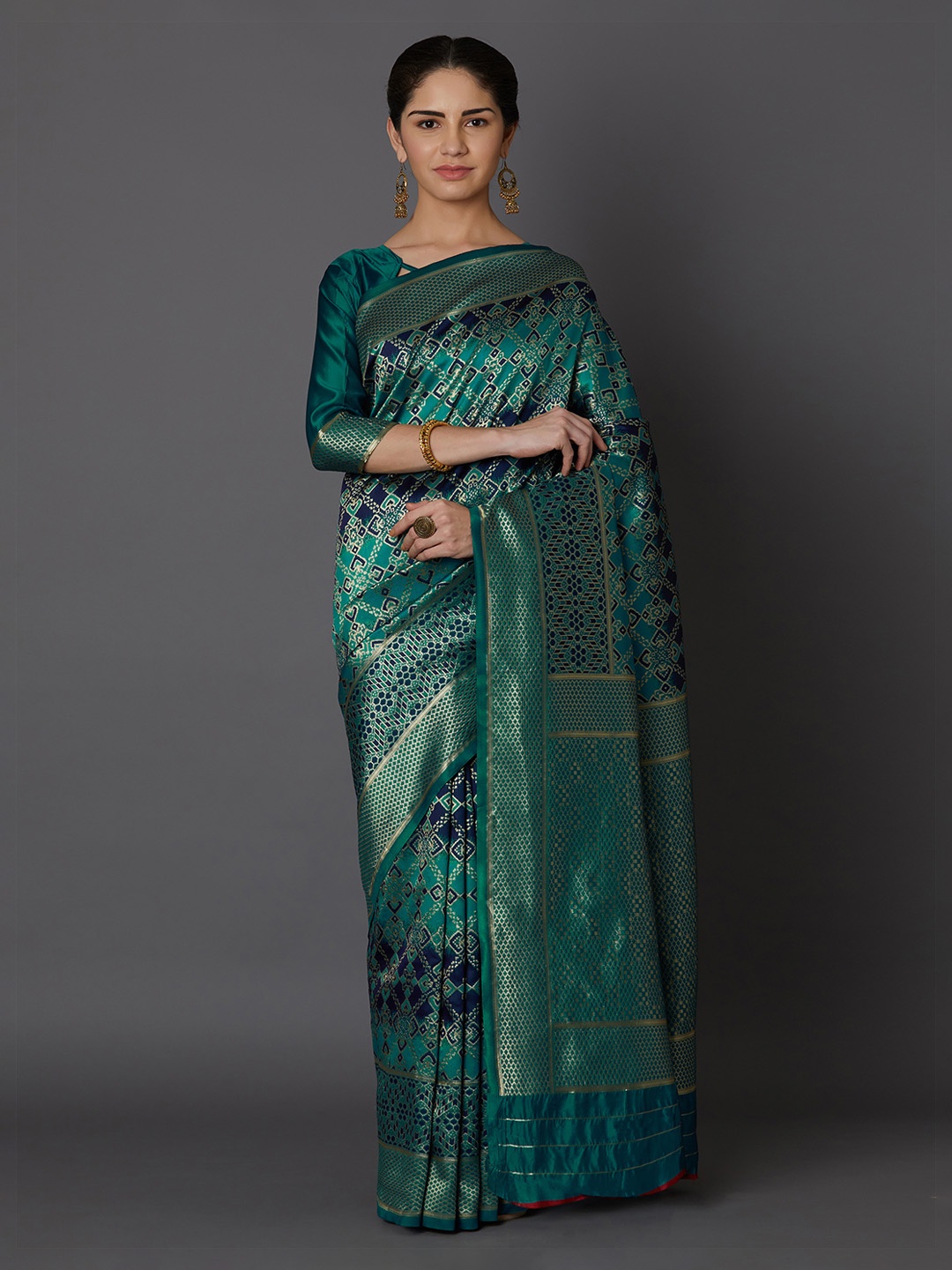 Mitera Green Silk Blend Woven Design Kanjeevaram Saree