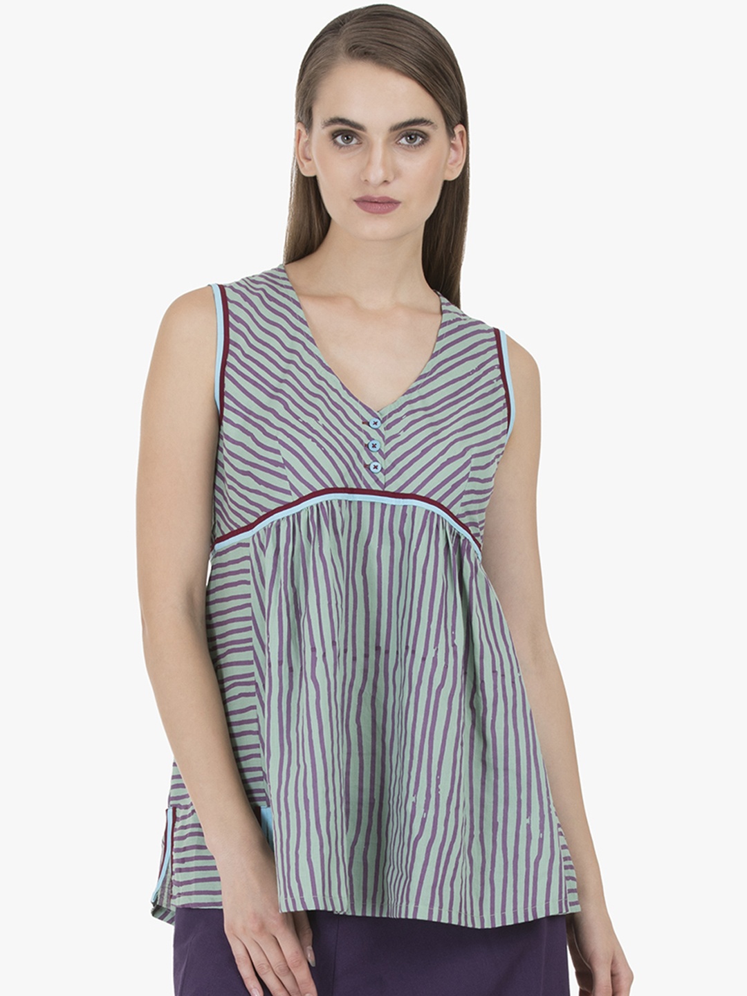 GRASS by Gitika Goyal Women's Green & Maroon Striped Tunic