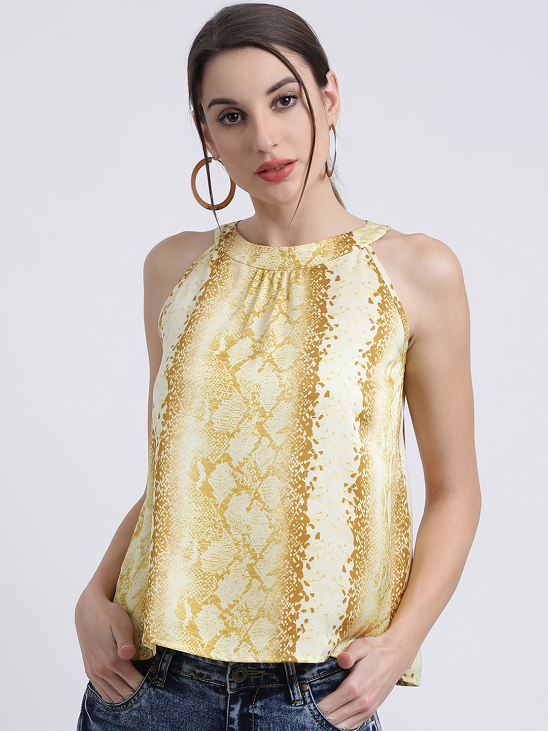 

Zink London Women Yellow Animal Print A-Line Top